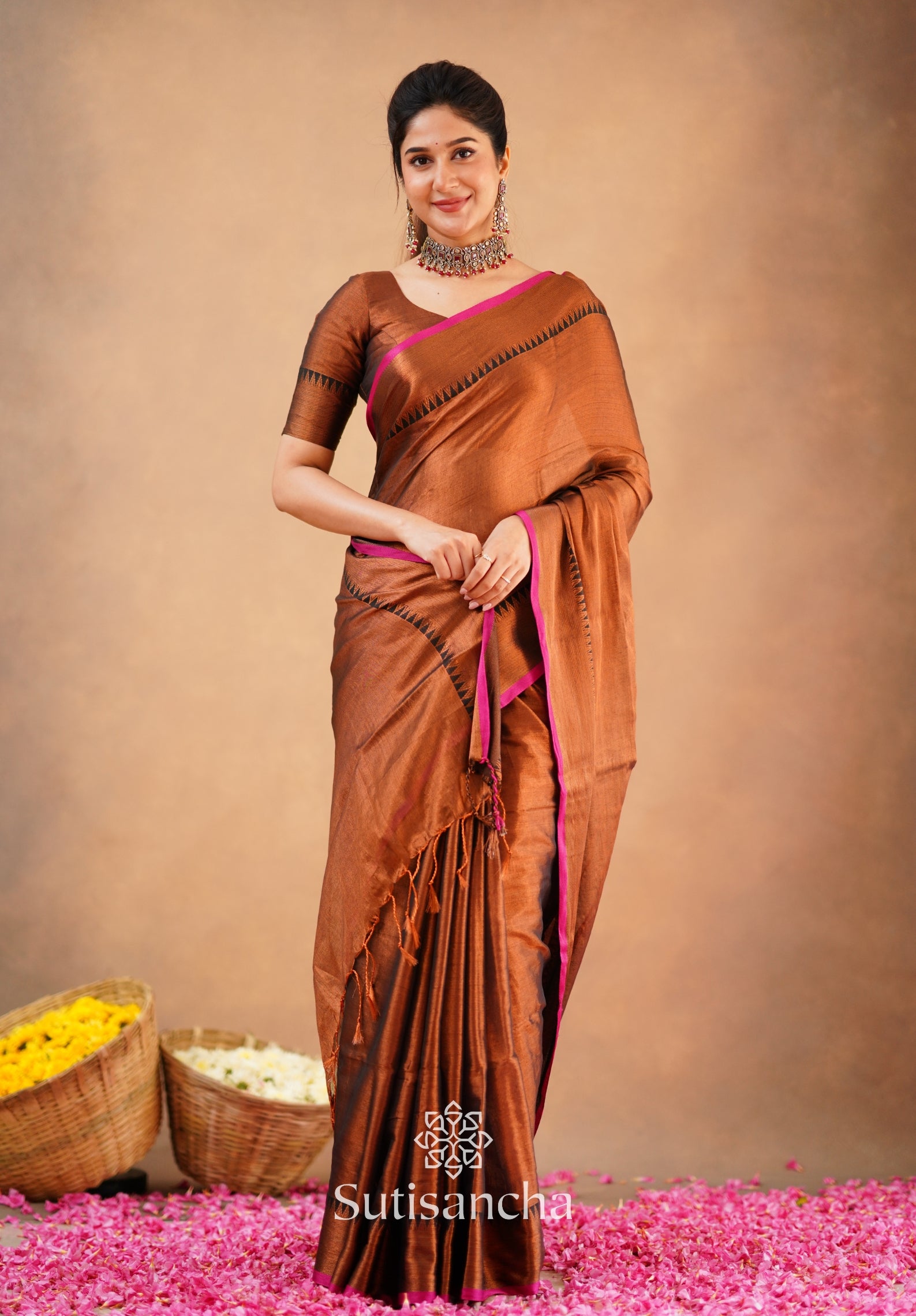 Sutisancha Copper Handloom Cotton Tissue Saree
