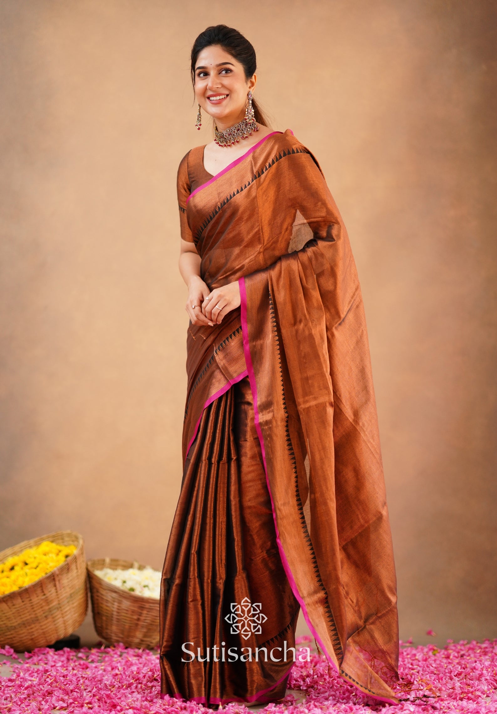 Sutisancha Copper Handloom Cotton Tissue Saree