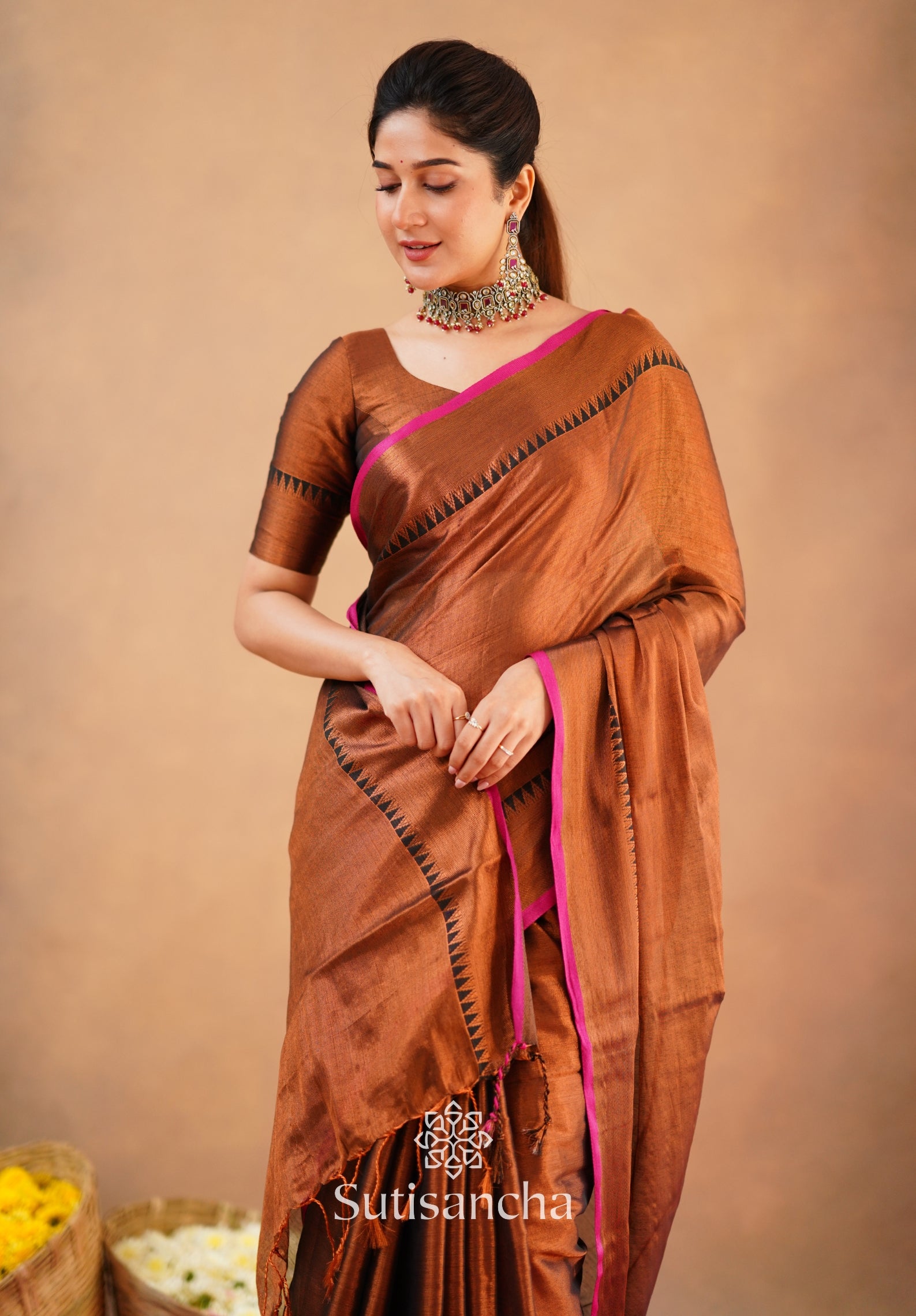 Sutisancha Copper Handloom Cotton Tissue Saree