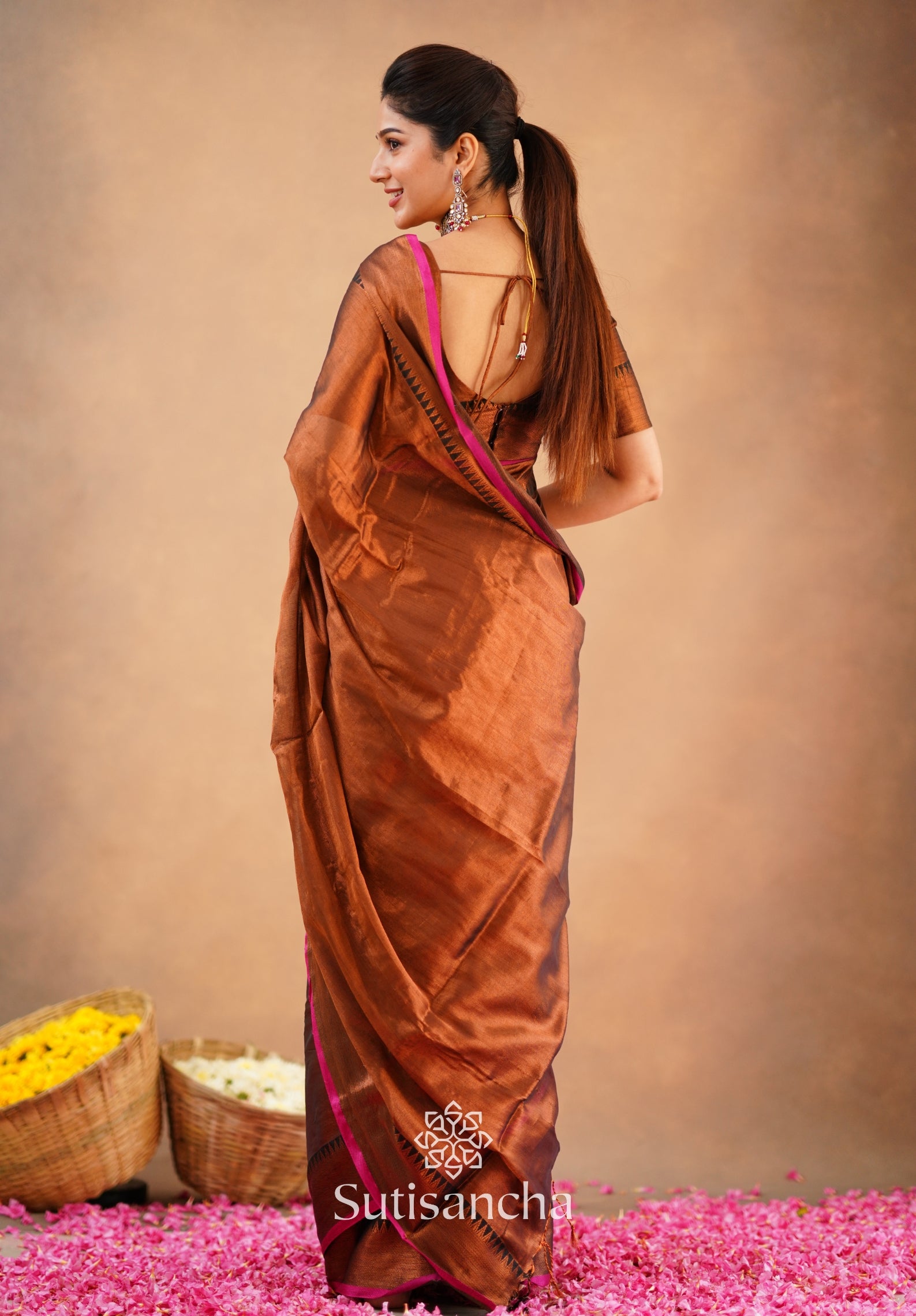 Sutisancha Copper Handloom Cotton Tissue Saree