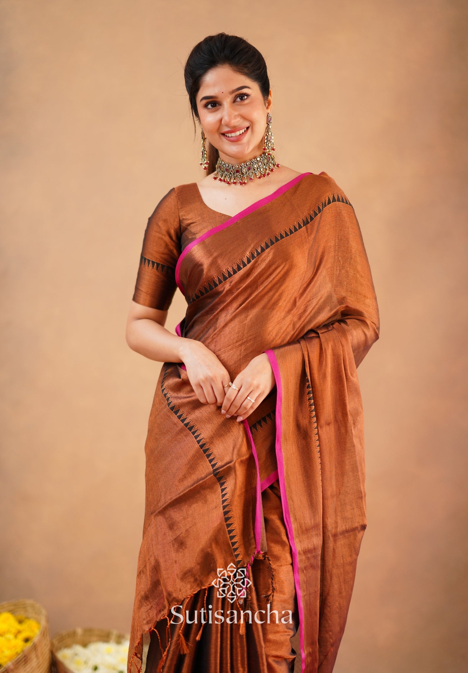 Sutisancha Copper Handloom Cotton Tissue Saree
