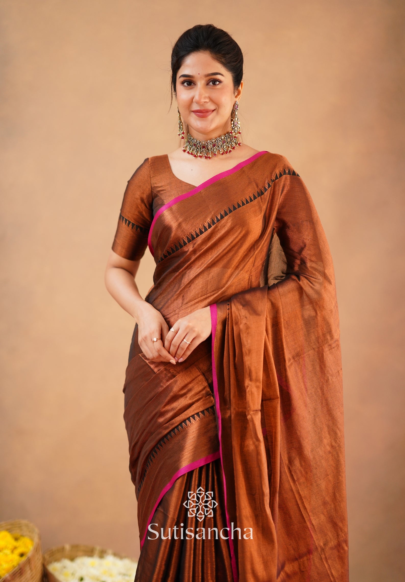 Sutisancha Copper Handloom Cotton Tissue Saree