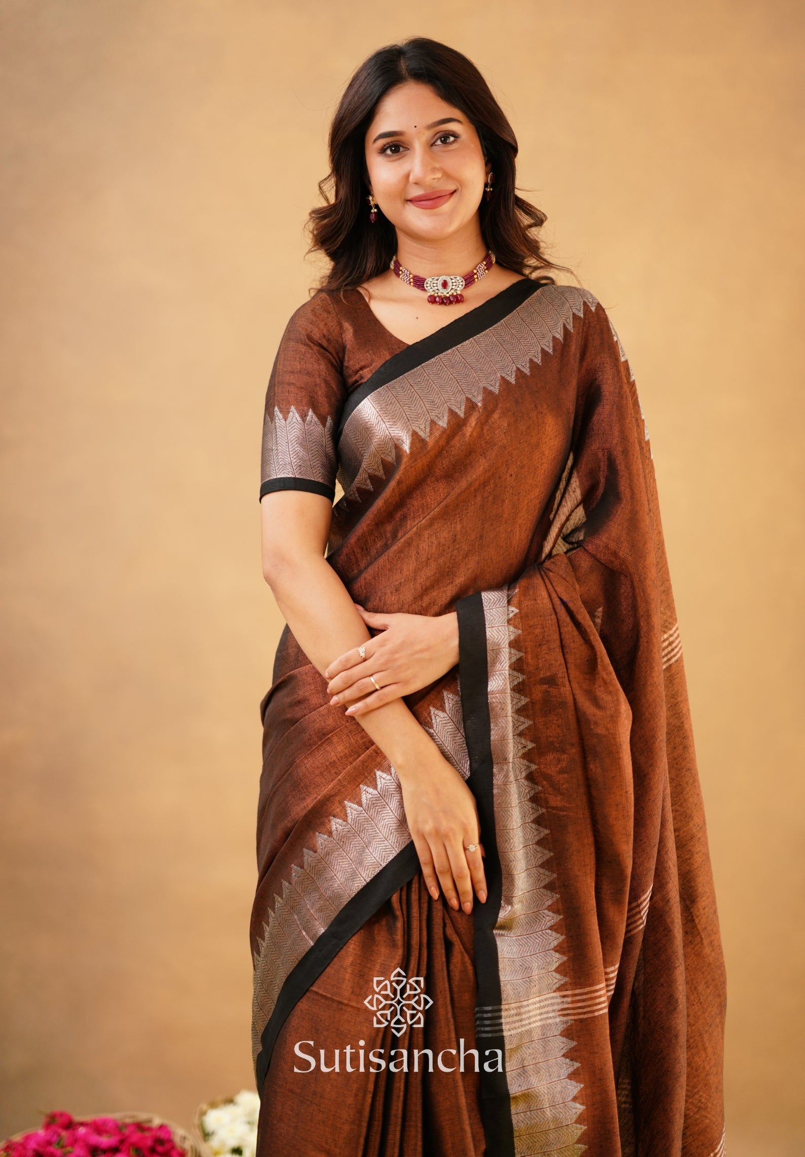 Sutisancha Copper Handloom Cotton Designer Tissue Saree
