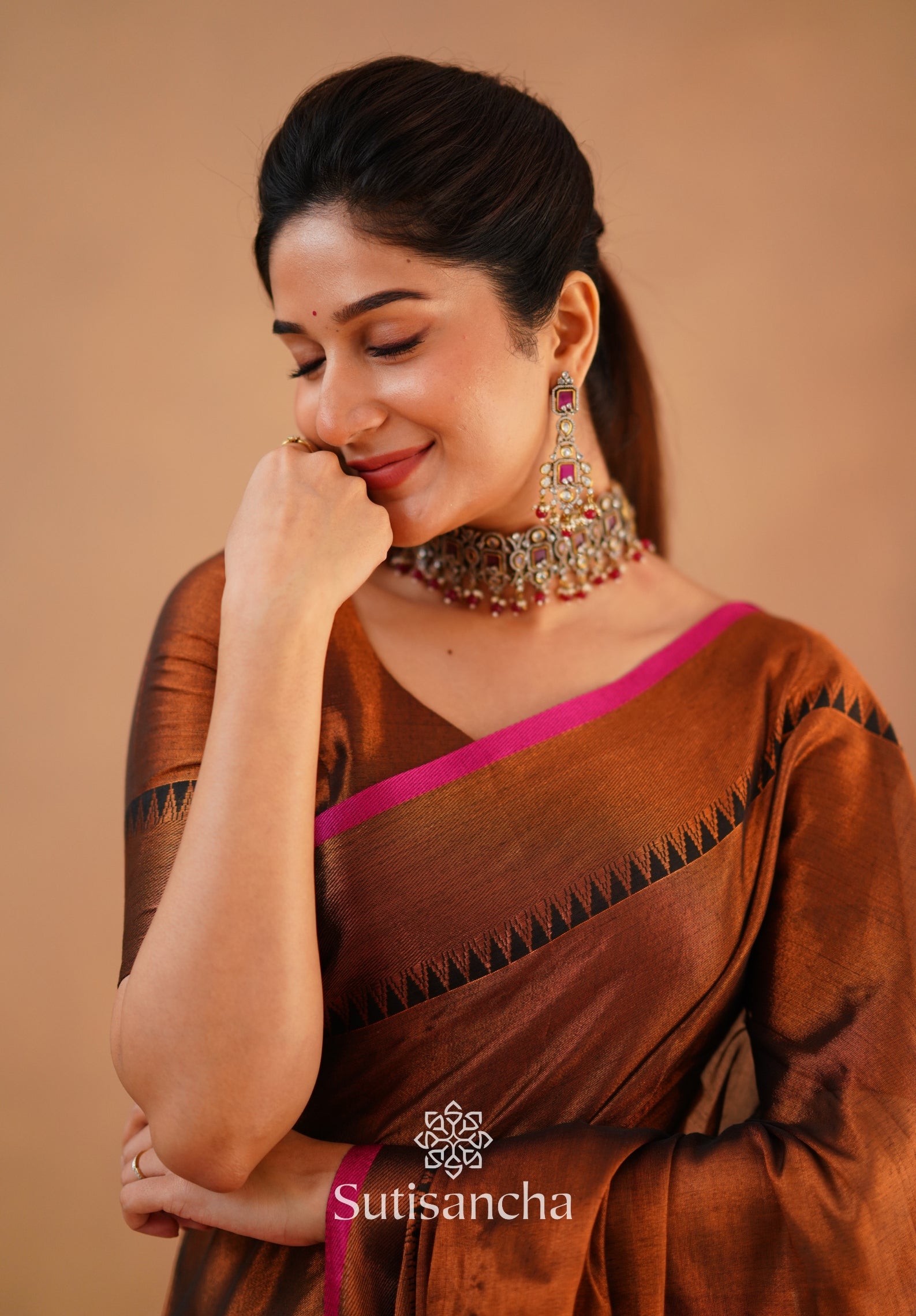 Sutisancha Copper Handloom Cotton Tissue Saree