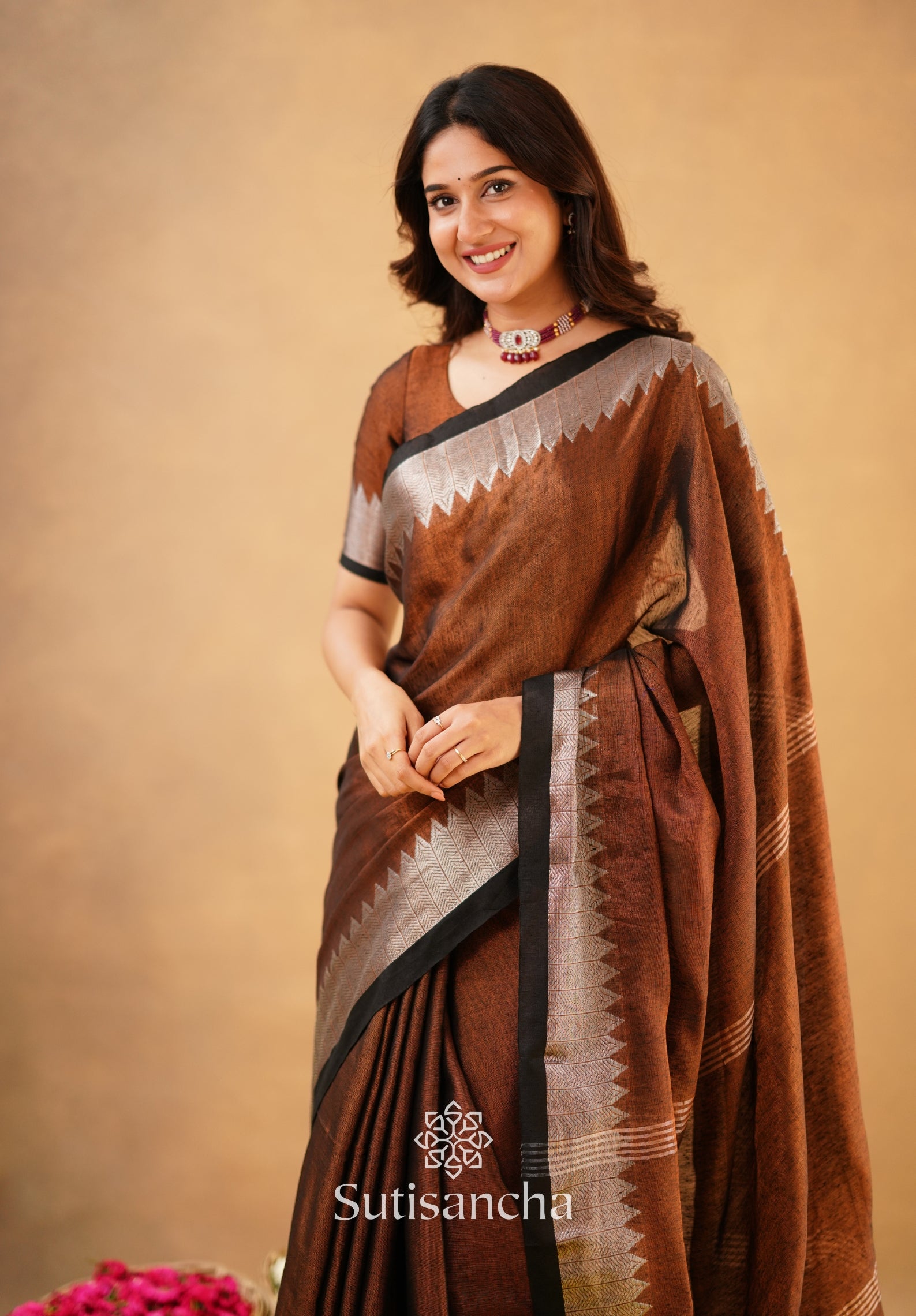 Sutisancha Copper Handloom Cotton Designer Tissue Saree