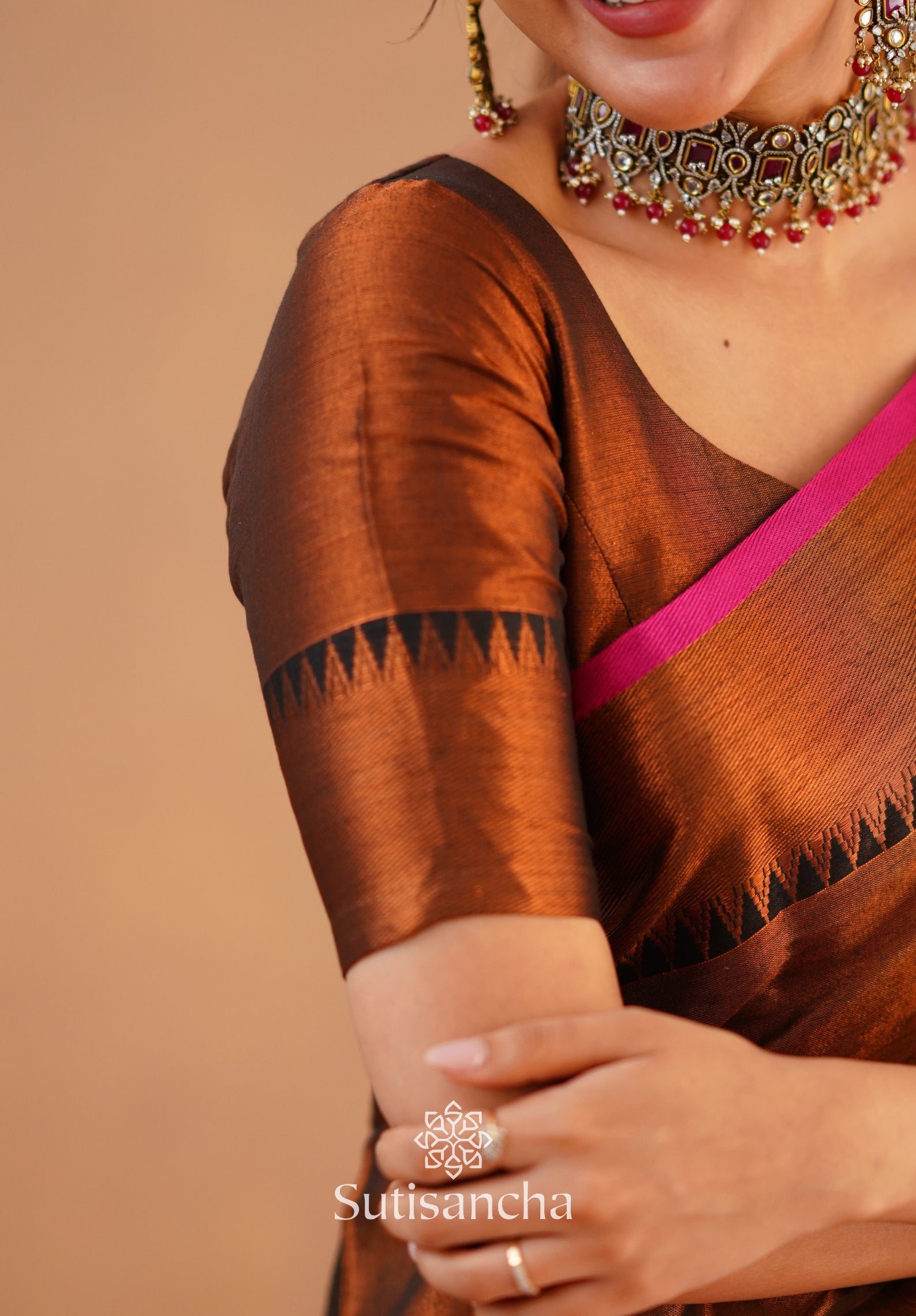 Sutisancha Copper Handloom Cotton Tissue Saree