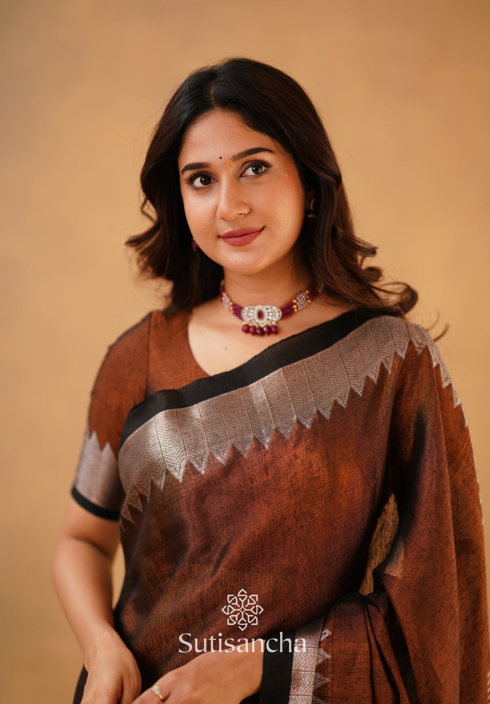 Sutisancha Copper Handloom Cotton Designer Tissue Saree