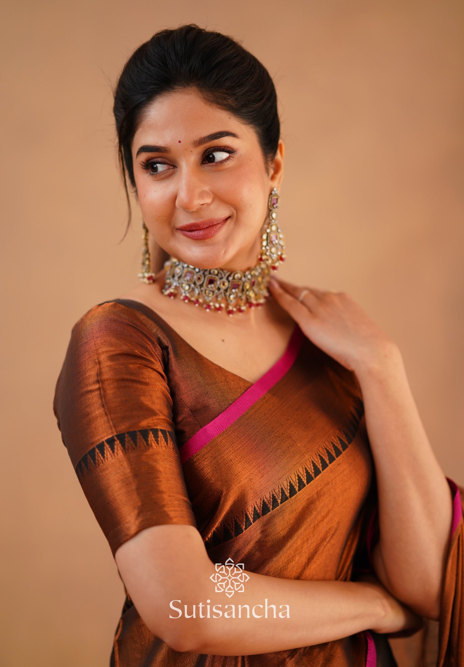 Sutisancha Copper Handloom Cotton Tissue Saree