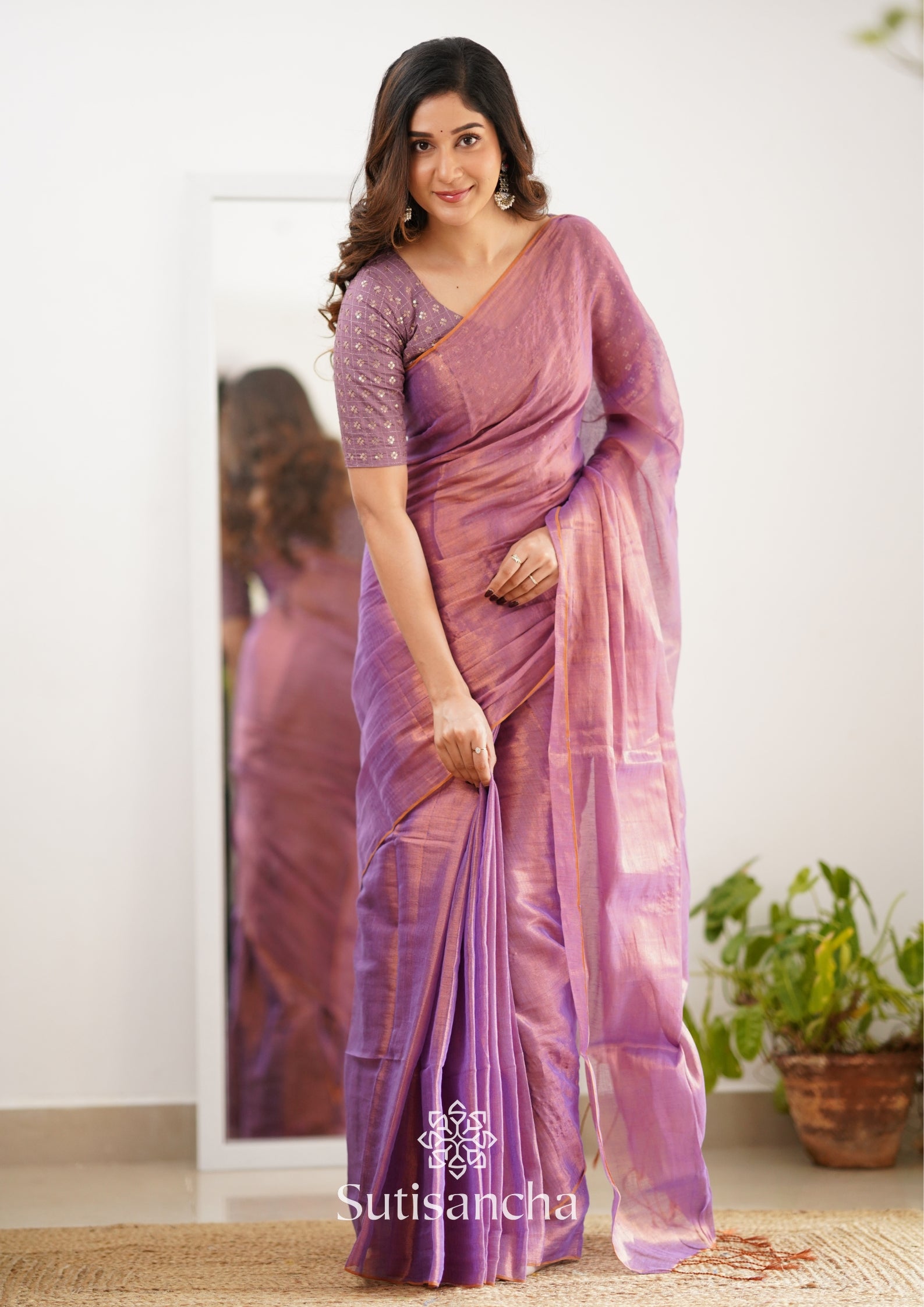 Sutisancha Blush Pink Handloom Tissue Saree With Designer Blouse