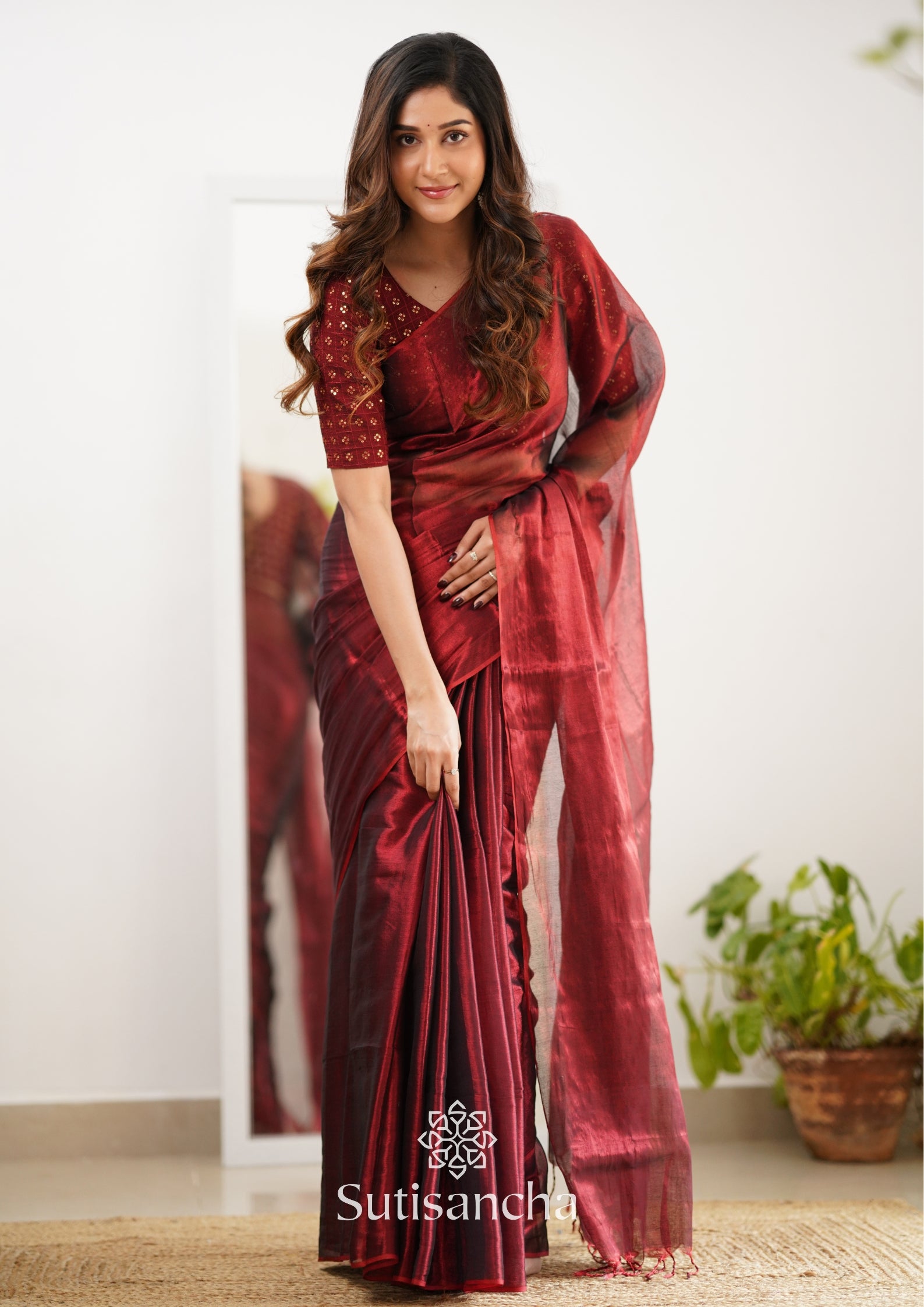 Sutisancha Maroon Handloom Tissue Saree With Designer Blouse