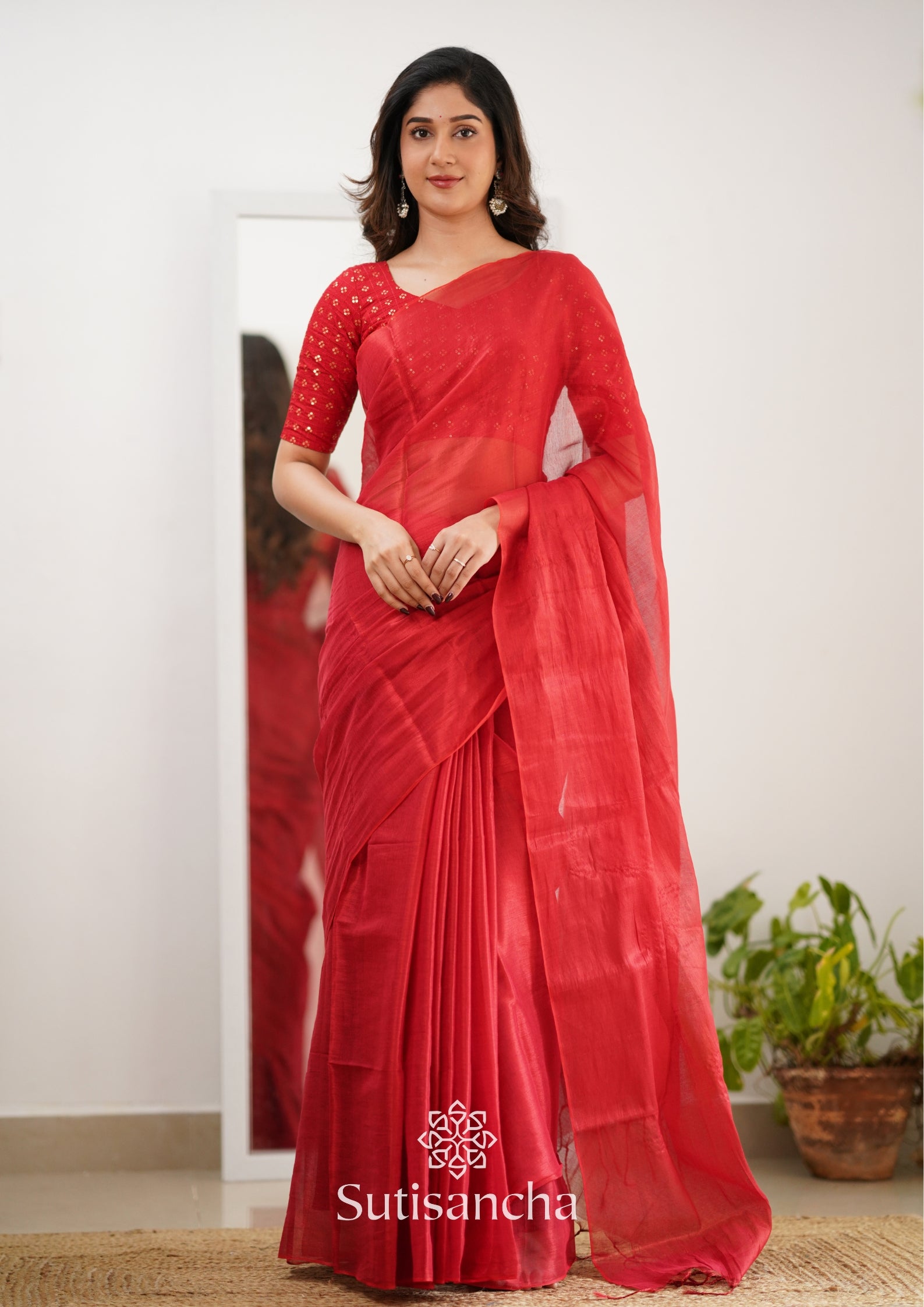 Sutisancha Red Handloom Tissue Saree With Designer Blouse