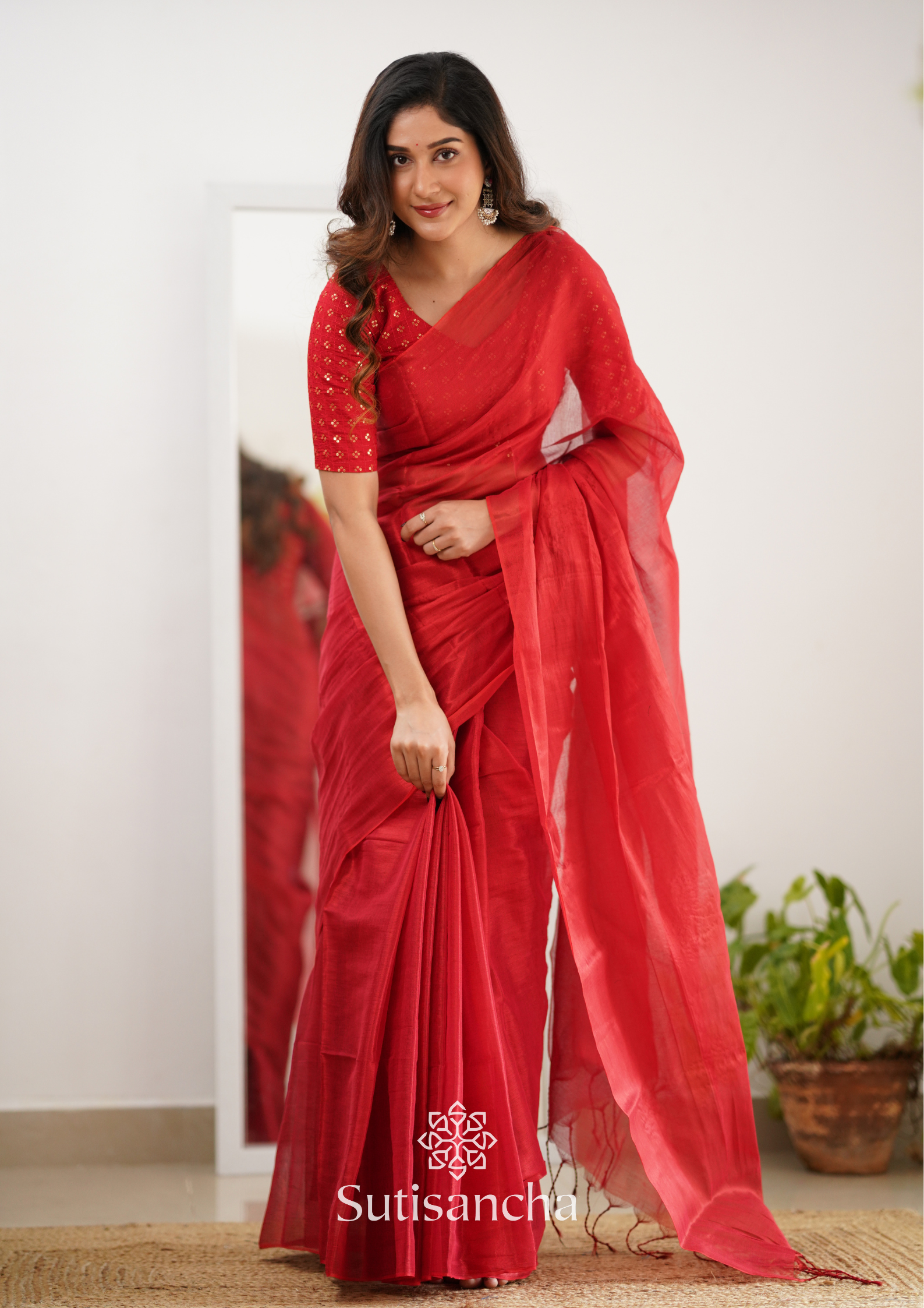 Sutisancha Red Handloom Tissue Saree With Designer Blouse