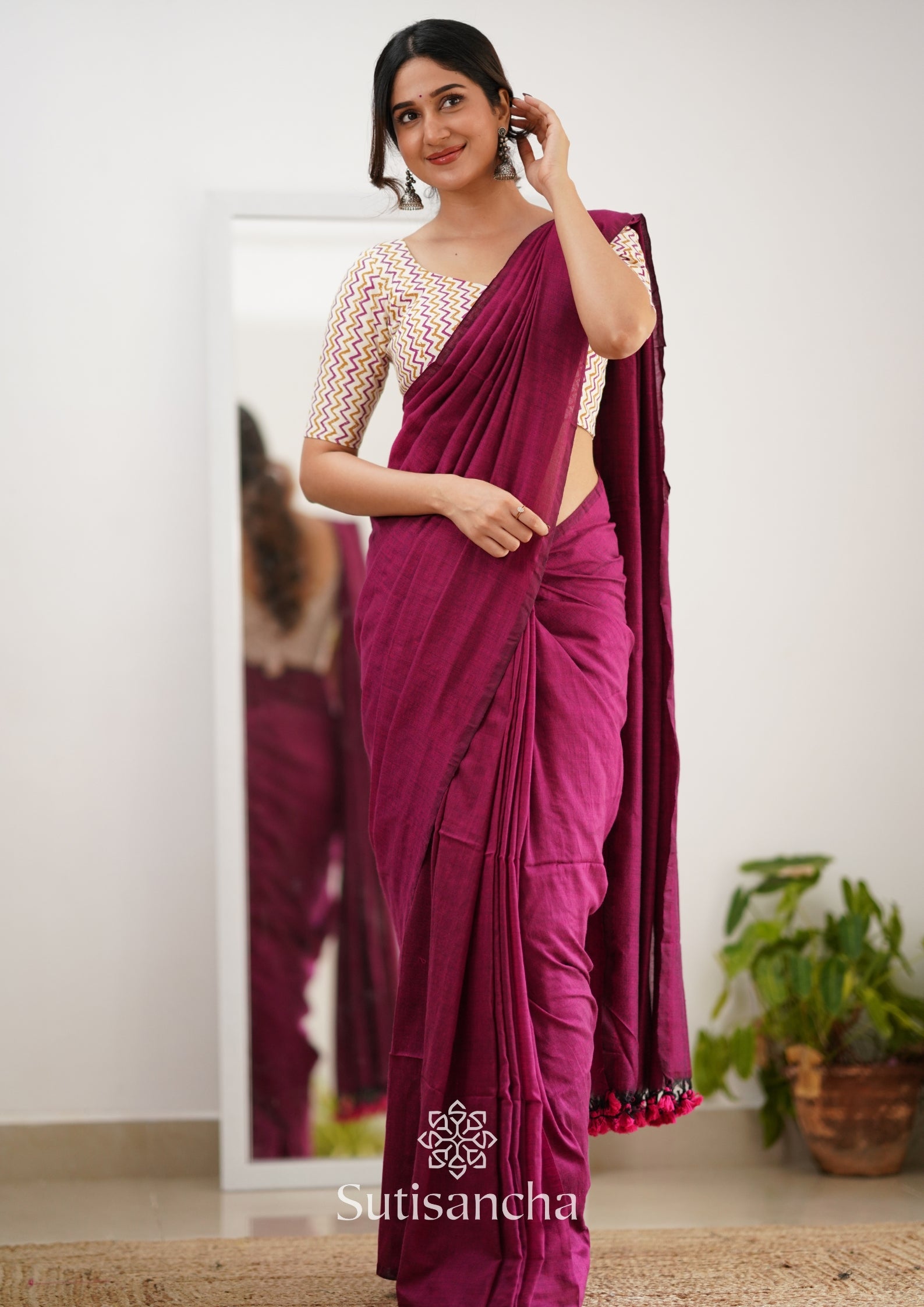 Sutisancha Queenpink Handloom Cotton Saree With Designer Blouse