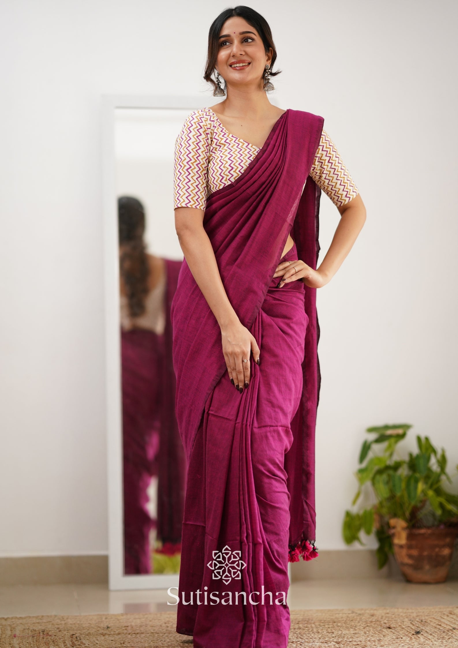Sutisancha Queenpink Handloom Cotton Saree With Designer Blouse
