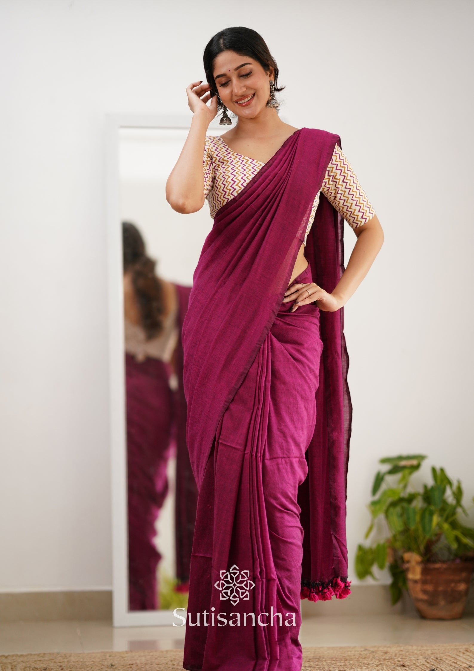 Sutisancha Queenpink Handloom Cotton Saree With Designer Blouse