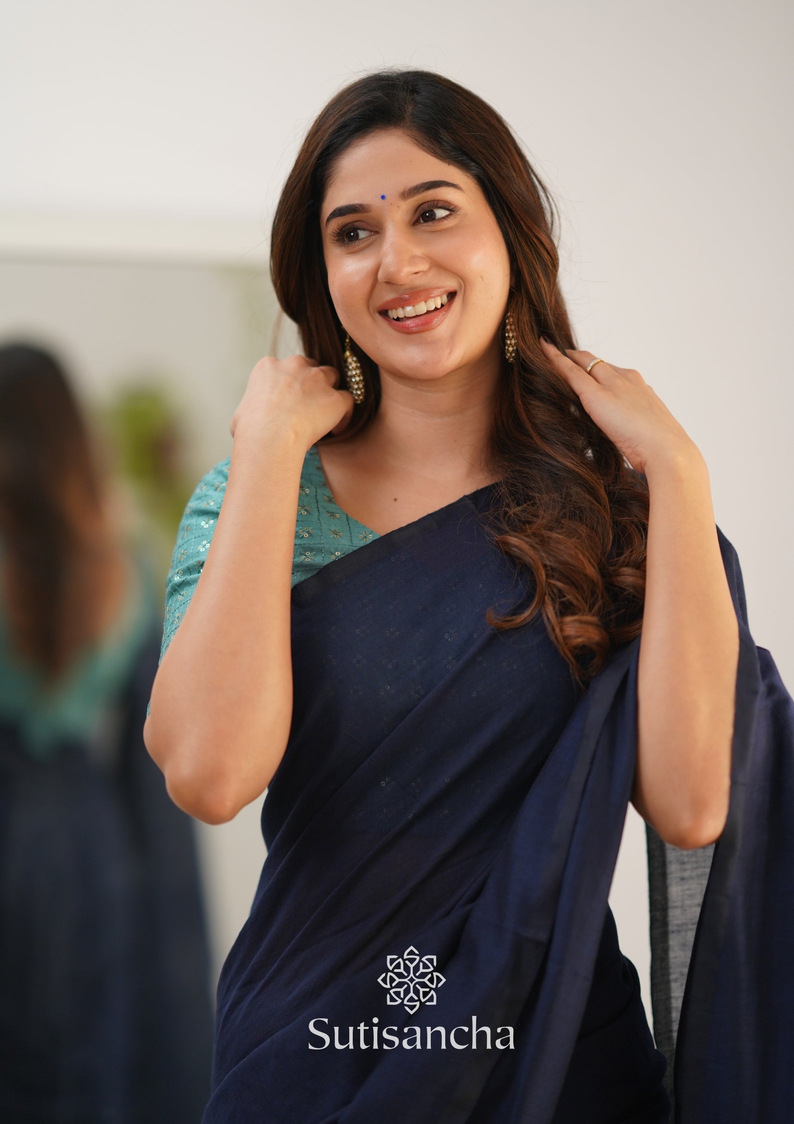 Sutisancha Navyblue Handloom Cotton Saree with Designer Blouse