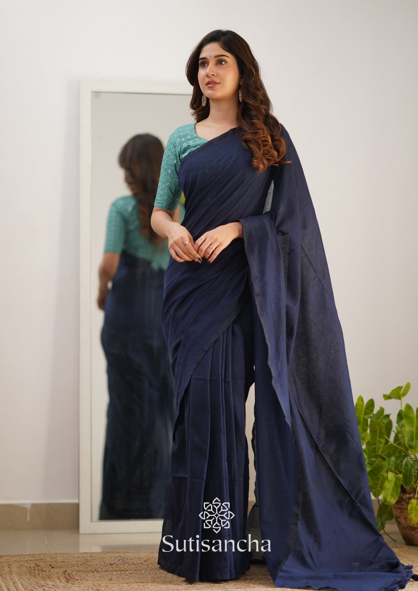 Sutisancha Navyblue Handloom Cotton Saree with Designer Blouse