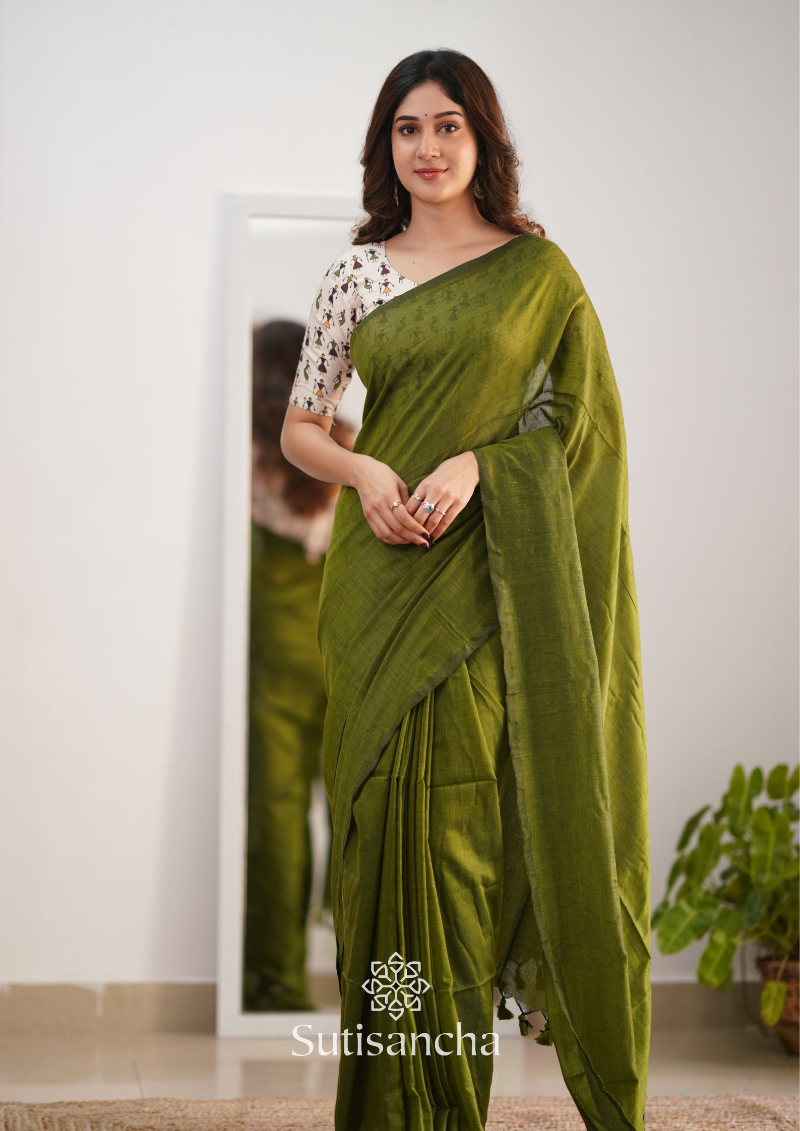Sutisancha Mehndi Handloom Cotton Saree With Blouse