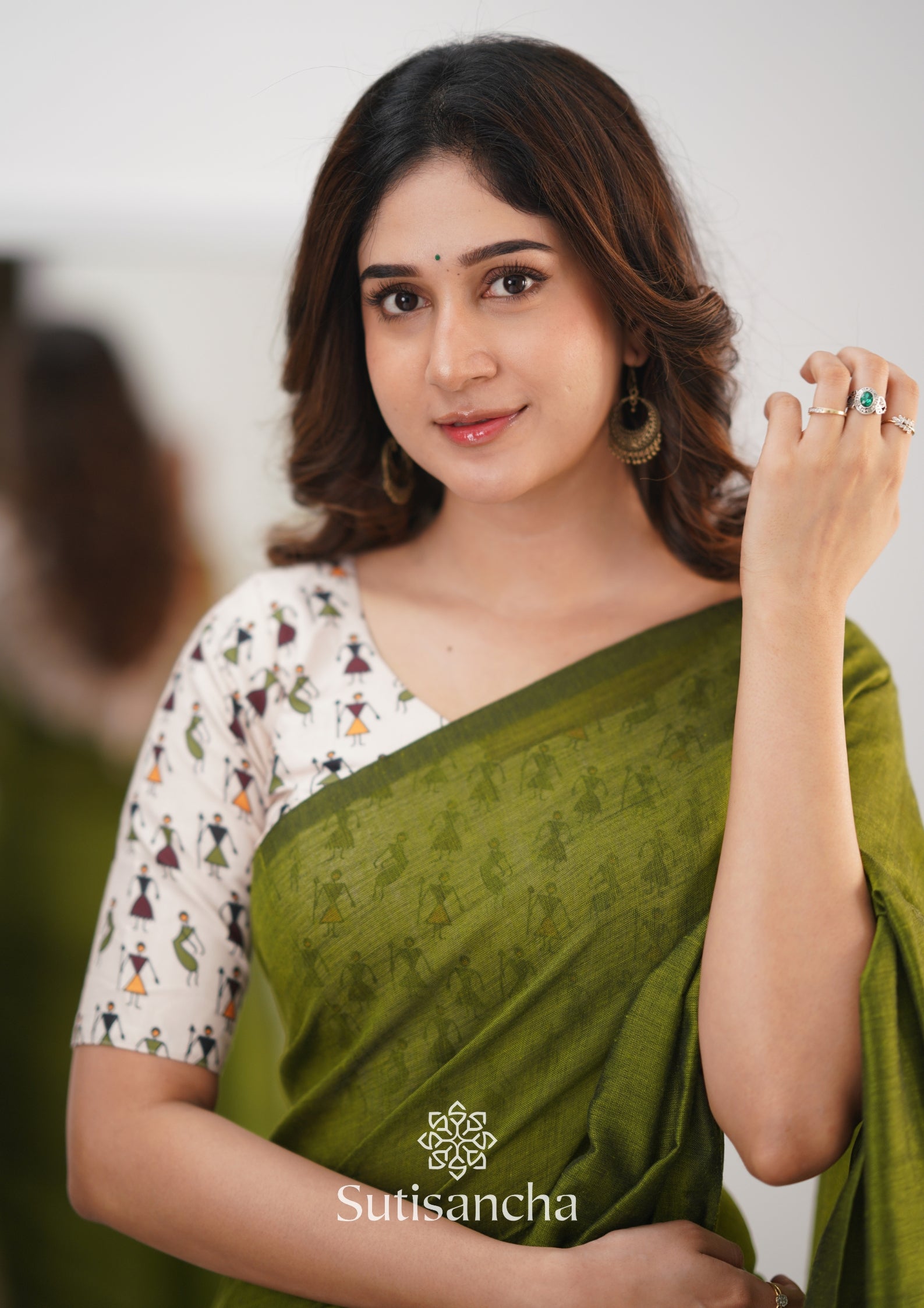 Sutisancha Mehndi Handloom Cotton Saree With Blouse