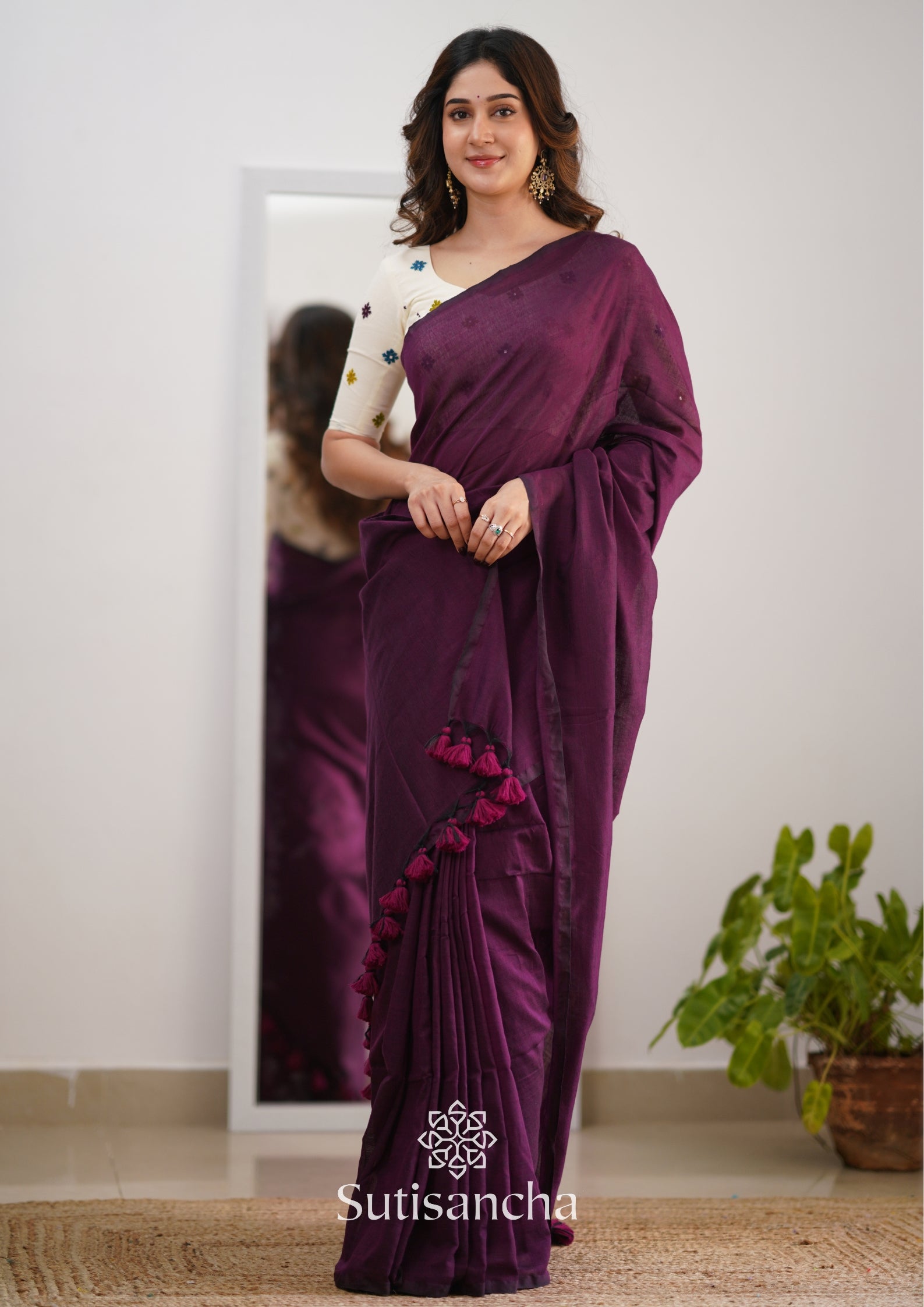 Sutisancha Magenta Handloom Cotton Saree with Designer Blouse