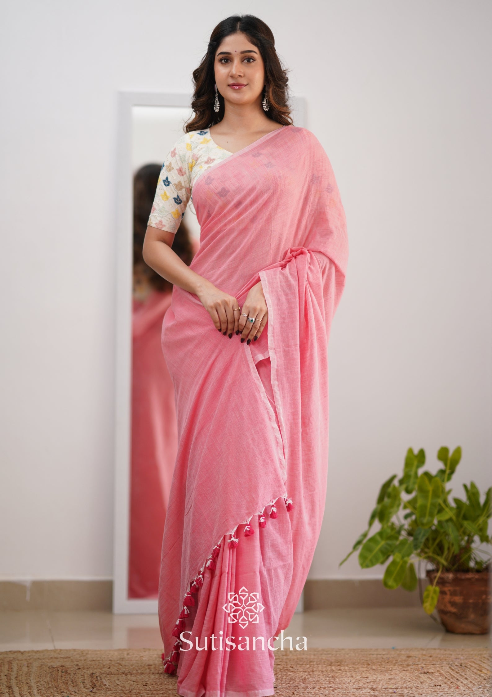 Sutisancha Peach Handloom Cotton Saree With Designer Blouse