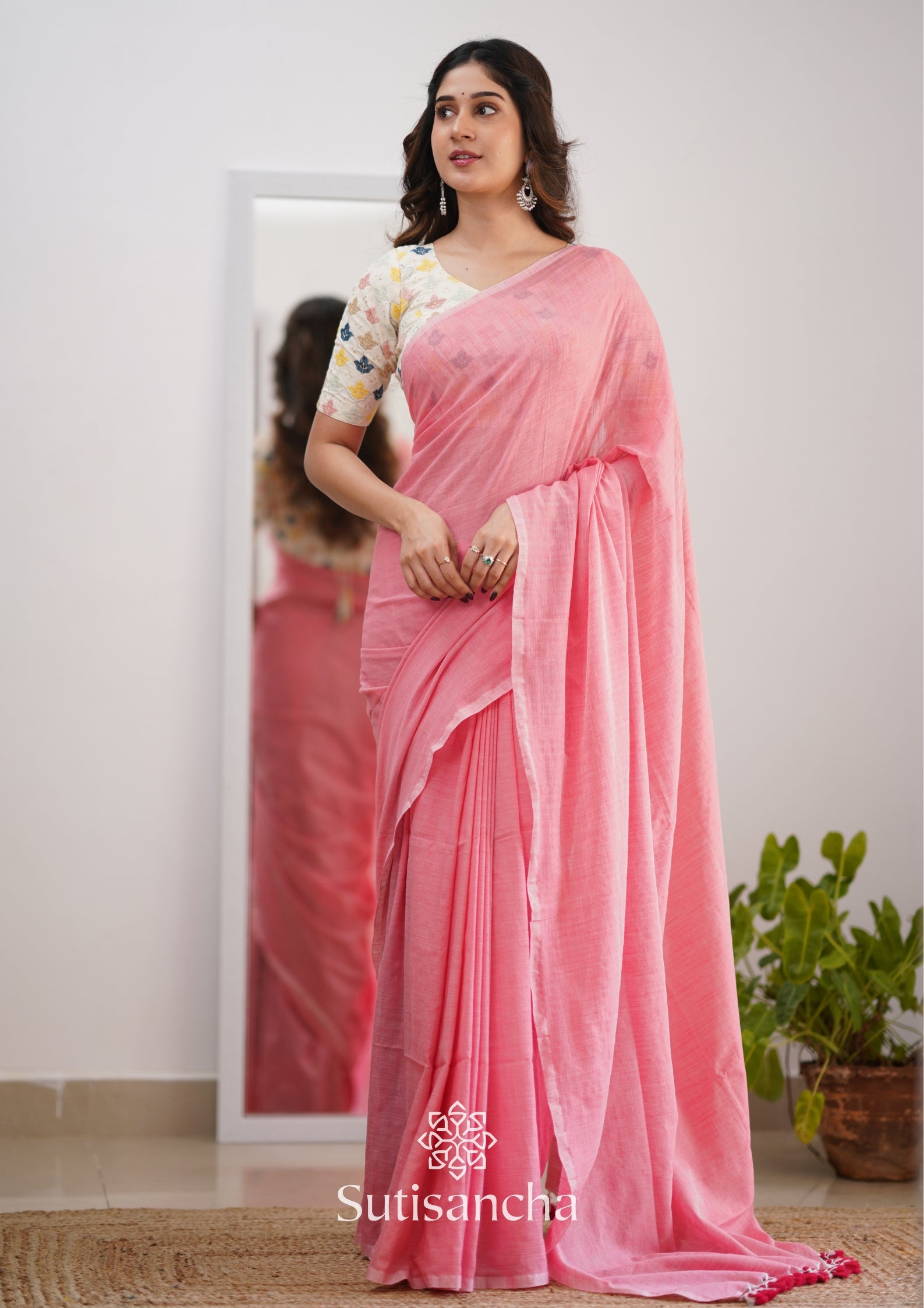 Sutisancha Peach Handloom Cotton Saree With Designer Blouse
