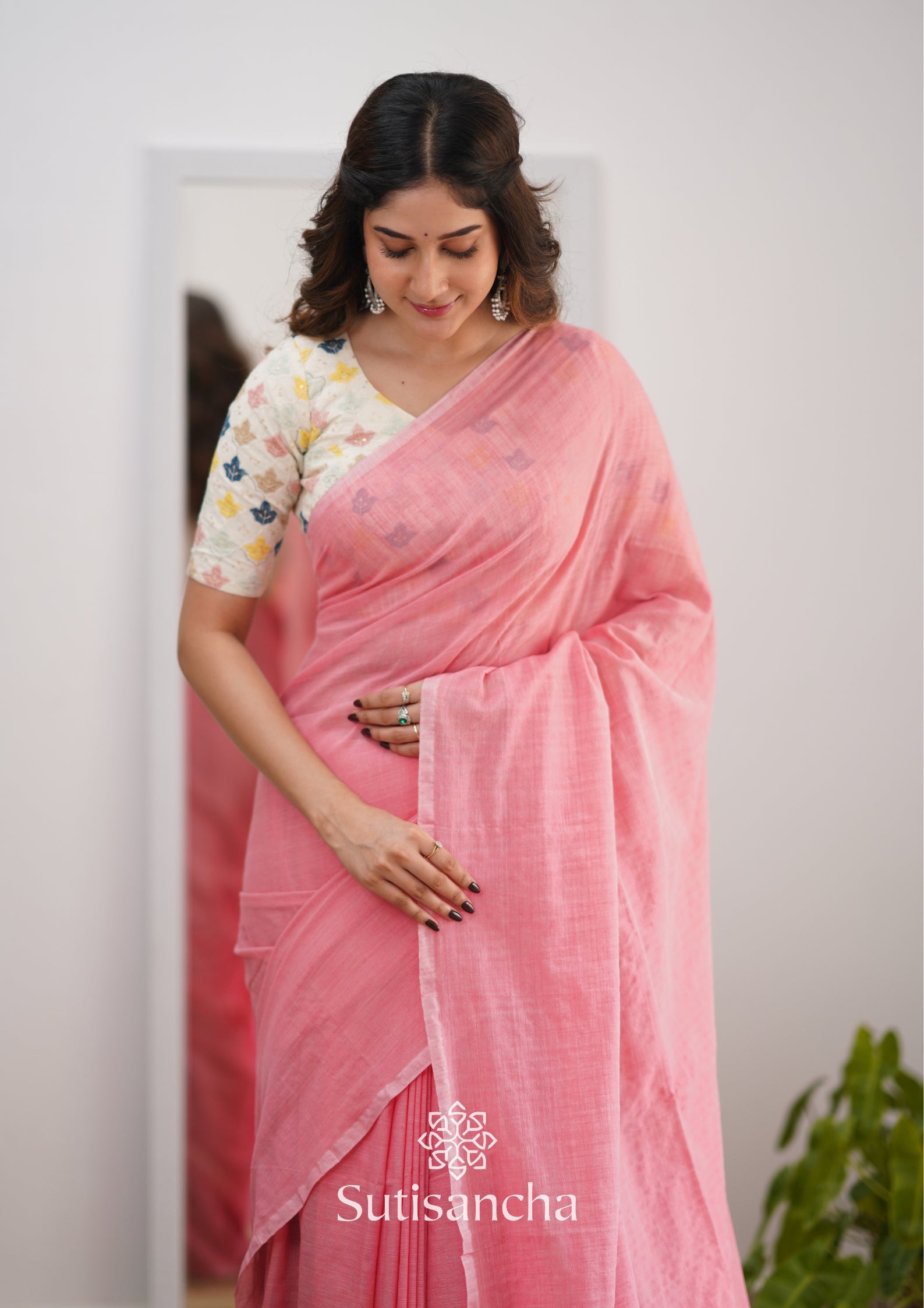 Sutisancha Peach Handloom Cotton Saree With Designer Blouse