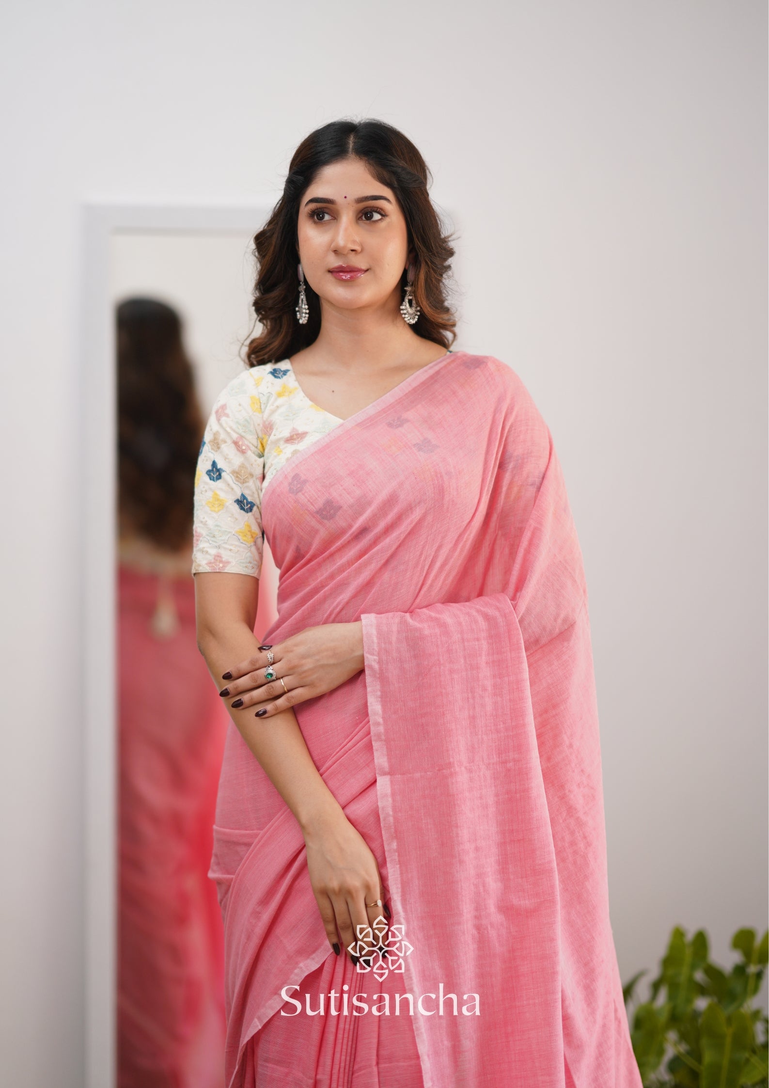 Sutisancha Peach Handloom Cotton Saree With Designer Blouse