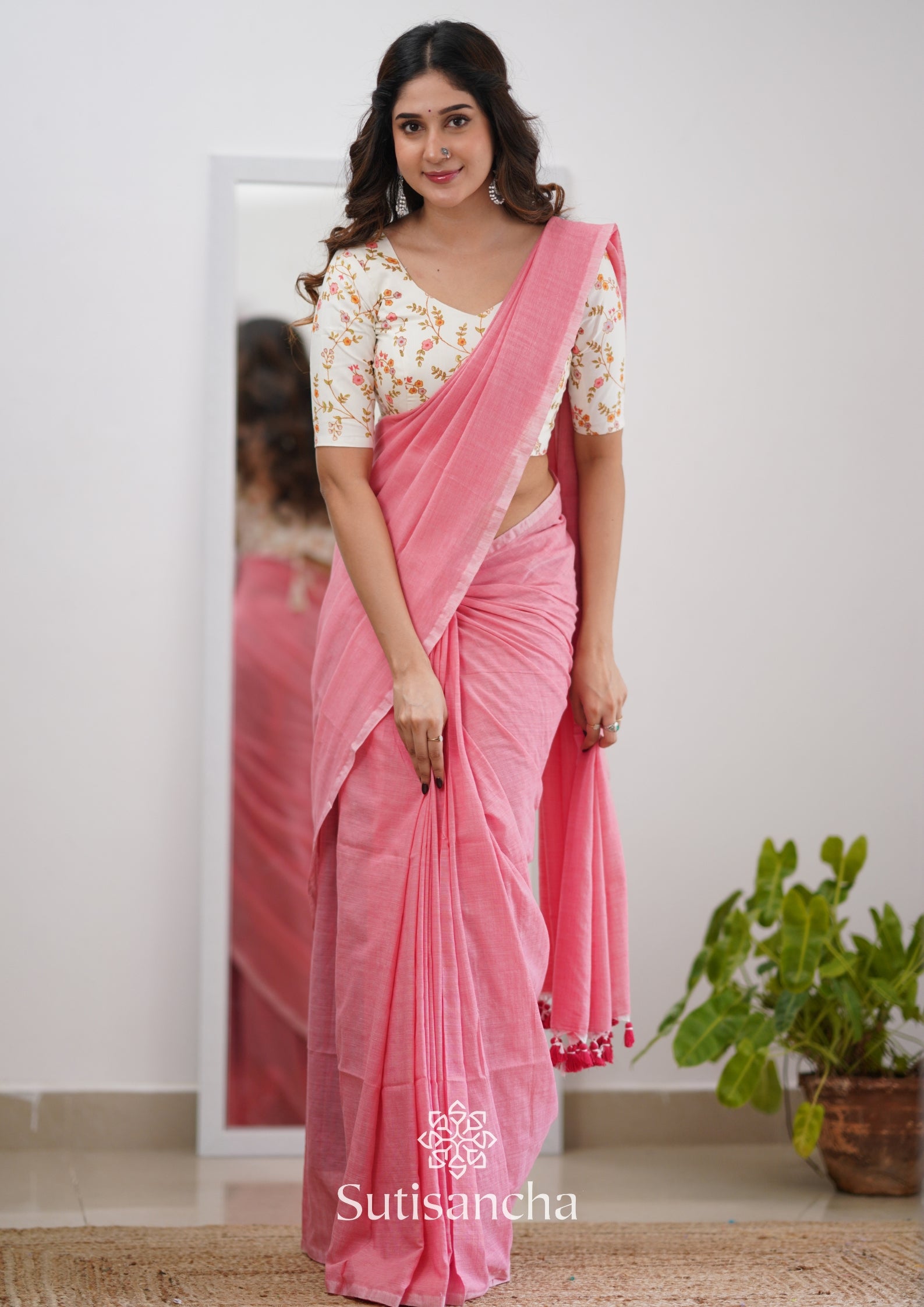 Sutisancha Peach Handloom Cotton Saree With Designer Blouse