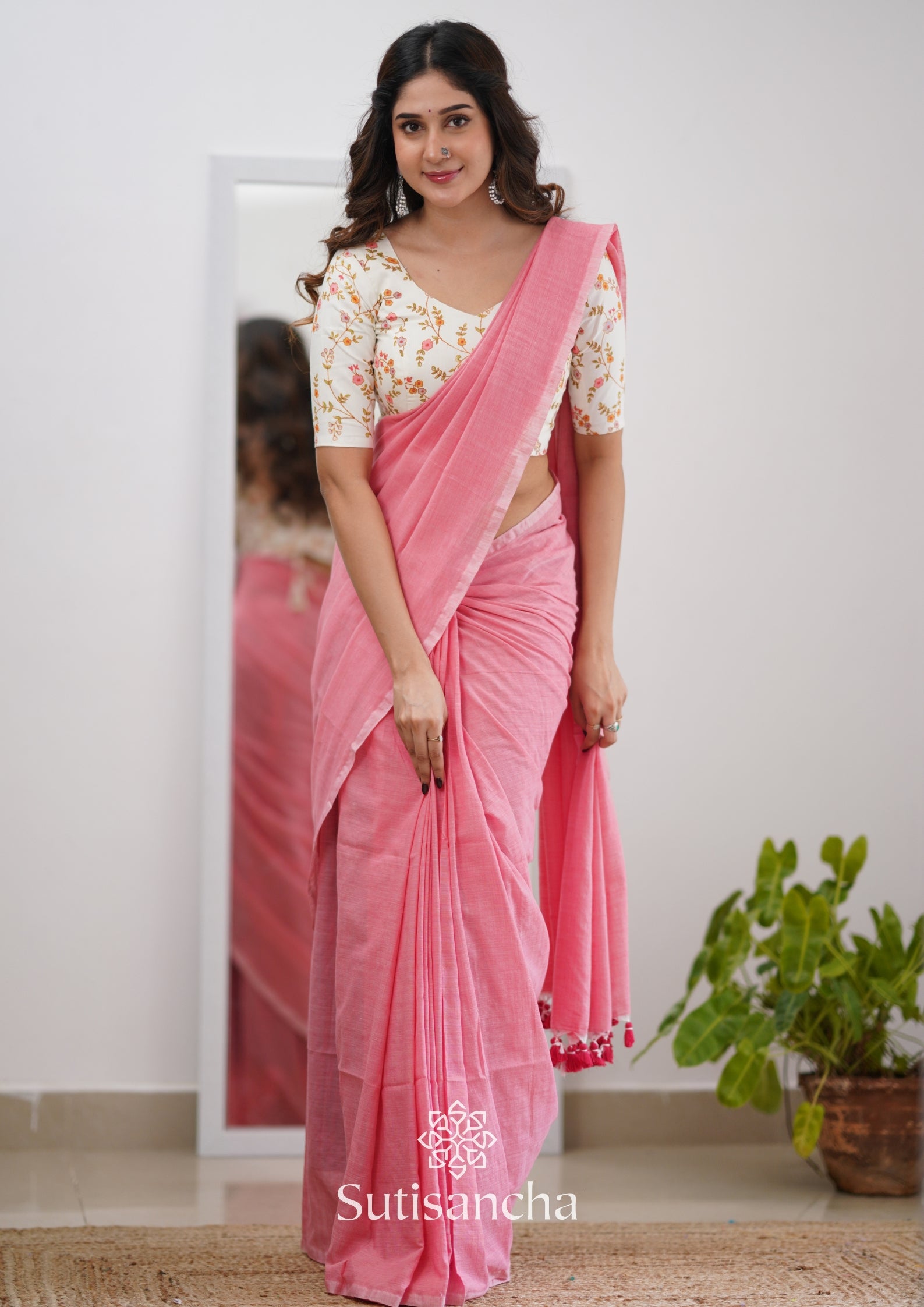 Sutisancha Peach Handloom Cotton Saree With Designer Blouse