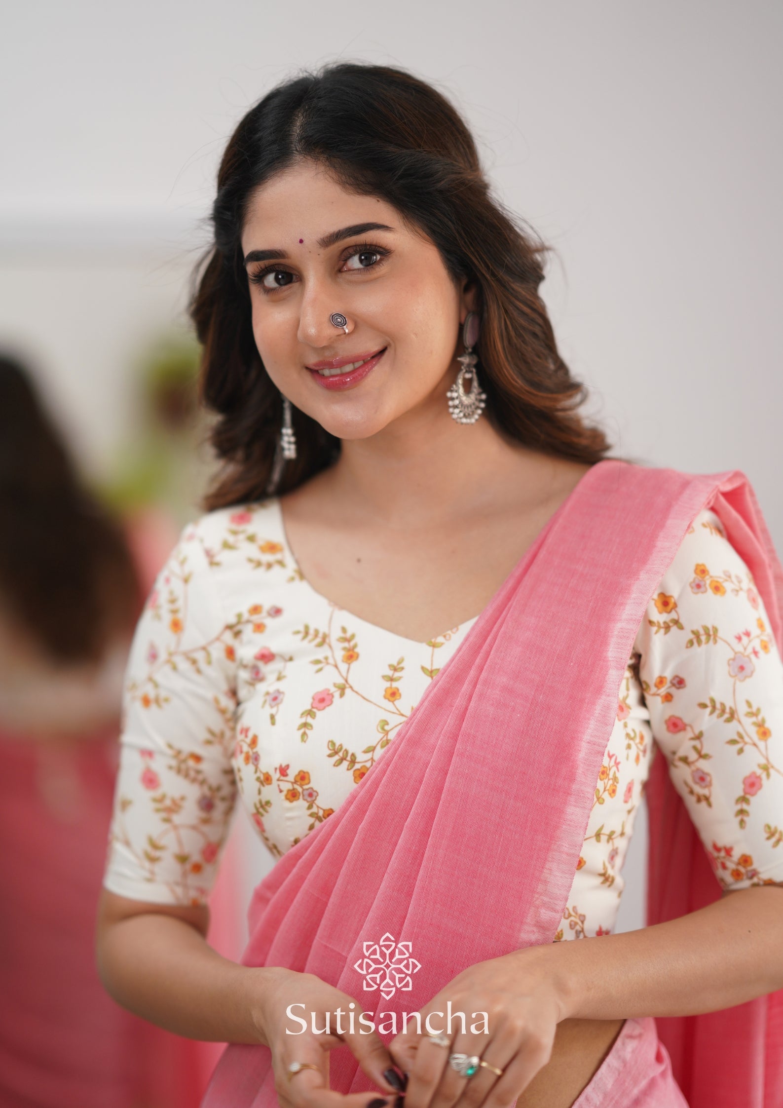 Sutisancha Peach Handloom Cotton Saree With Designer Blouse