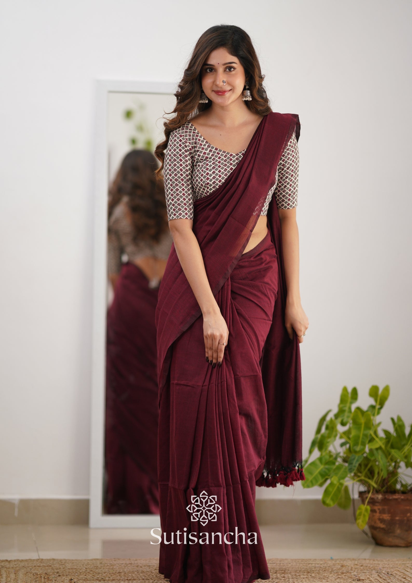 Sutisancha Maroon Handloom Cotton Saree Saree With Designer Blouse