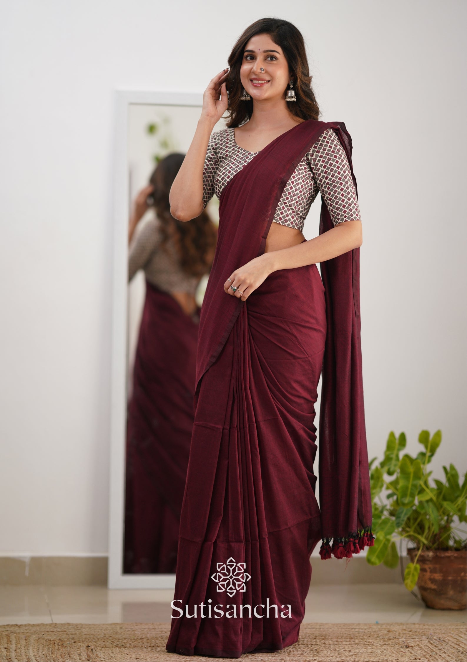 Sutisancha Maroon Handloom Cotton Saree Saree With Designer Blouse