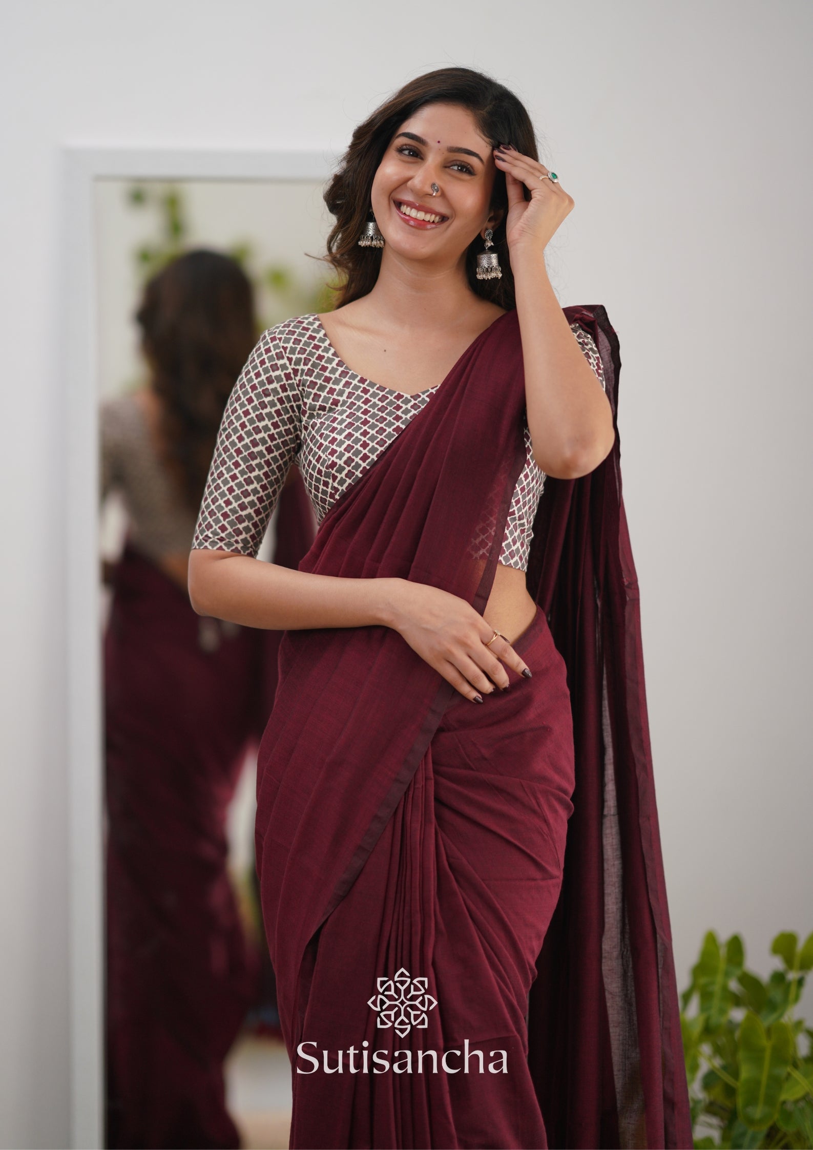 Sutisancha Maroon Handloom Cotton Saree Saree With Designer Blouse