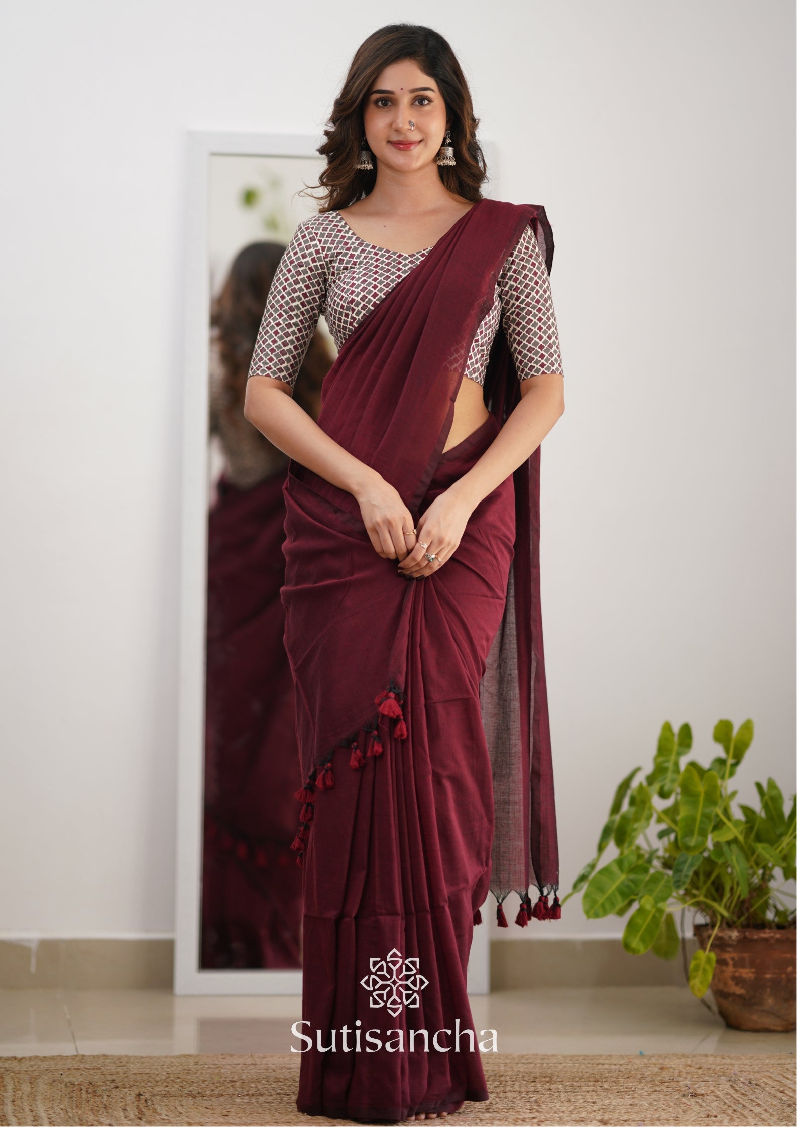 Sutisancha Maroon Handloom Cotton Saree Saree With Designer Blouse
