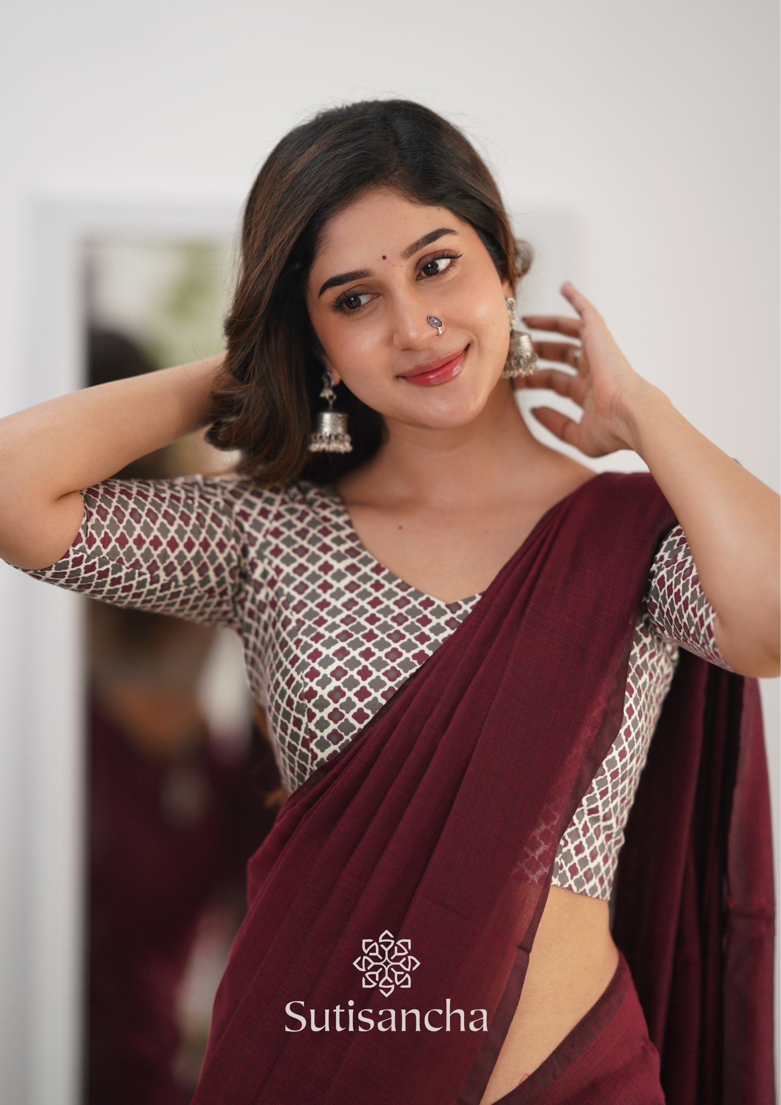 Sutisancha Maroon Handloom Cotton Saree Saree With Designer Blouse