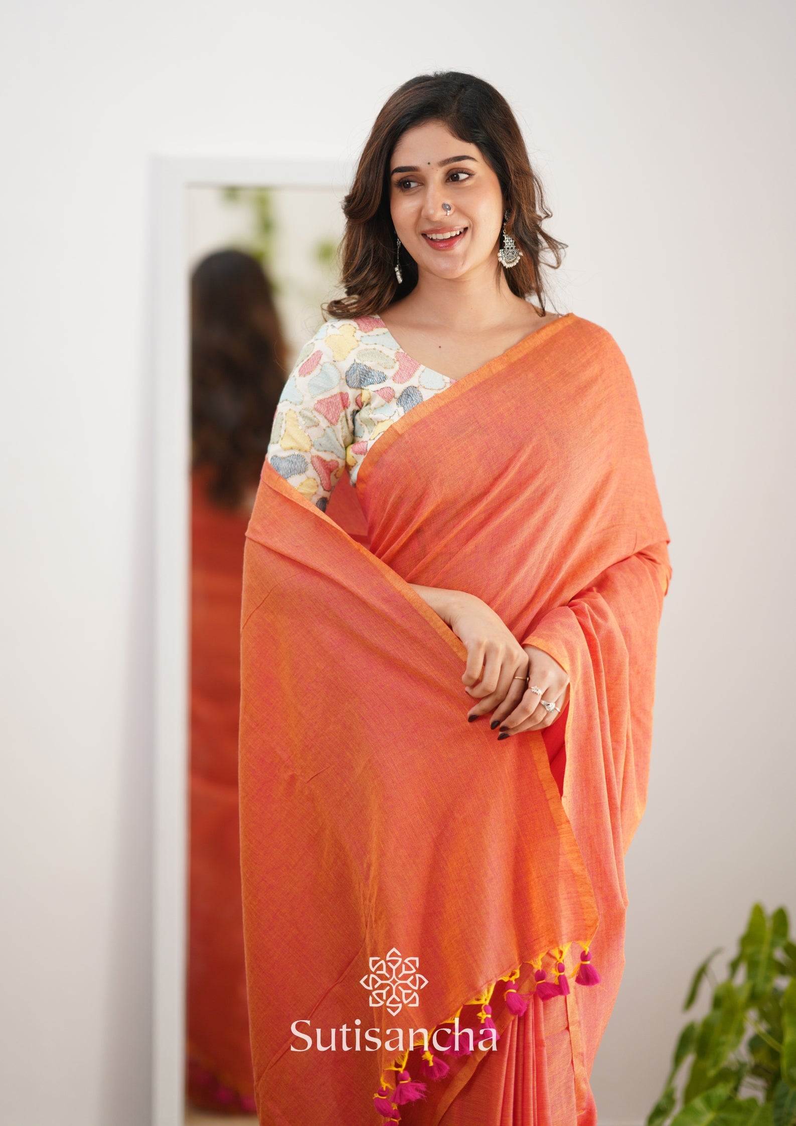 Sutisancha Peach Handloom Cotton Saree with Designer Blouse