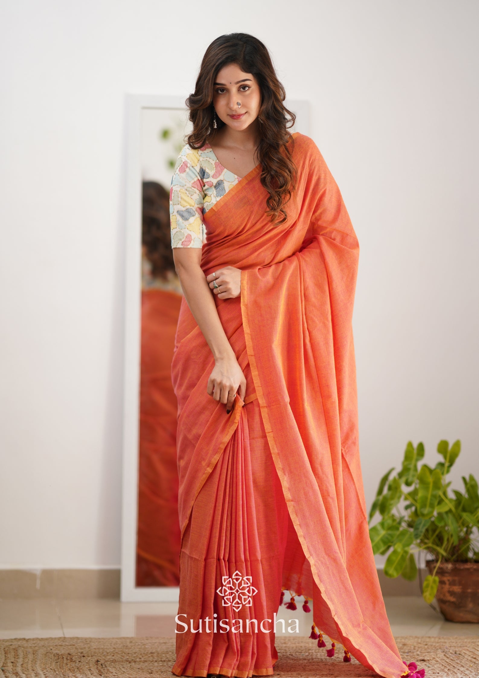 Sutisancha Peach Handloom Cotton Saree with Designer Blouse