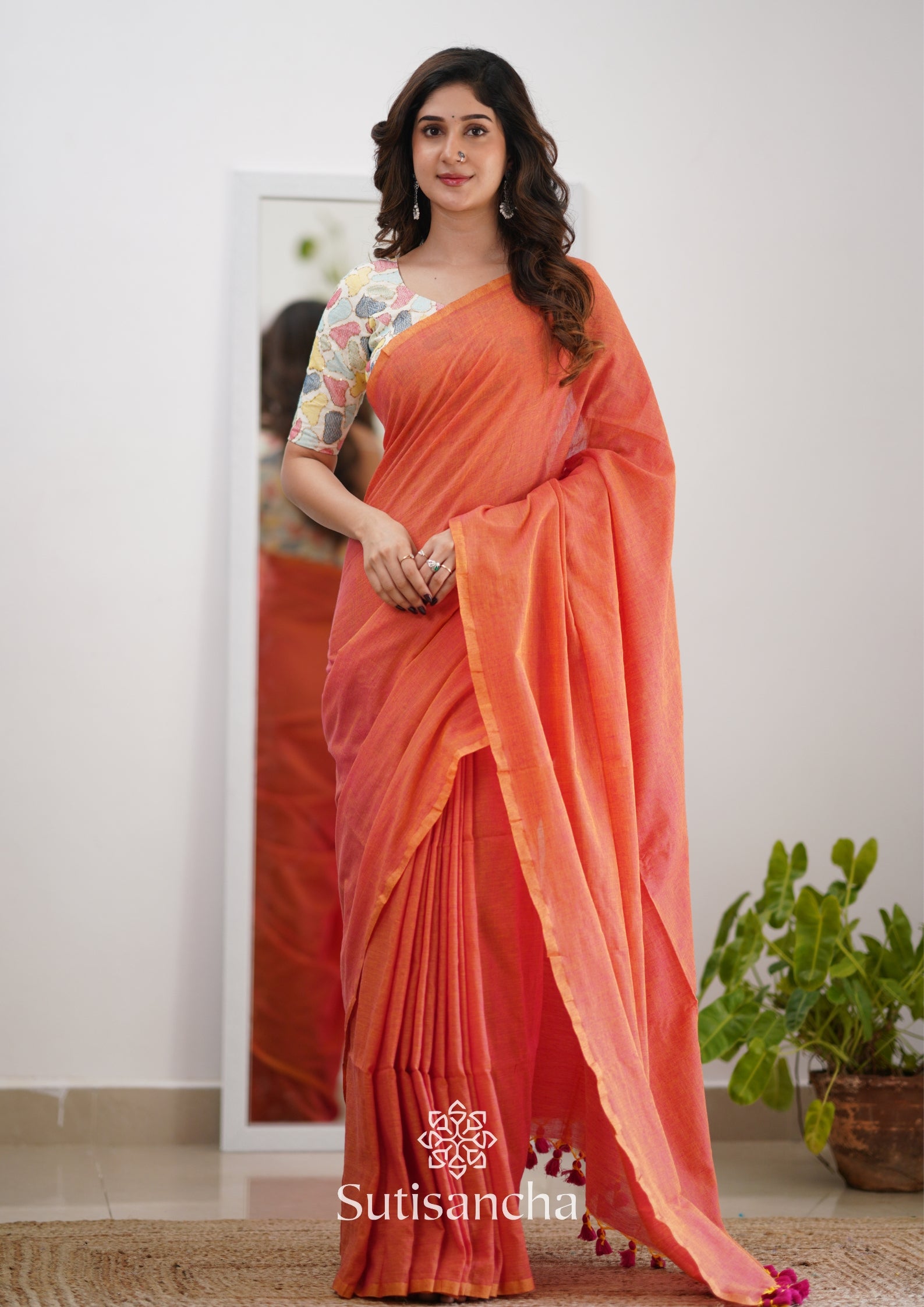 Sutisancha Peach Handloom Cotton Saree with Designer Blouse