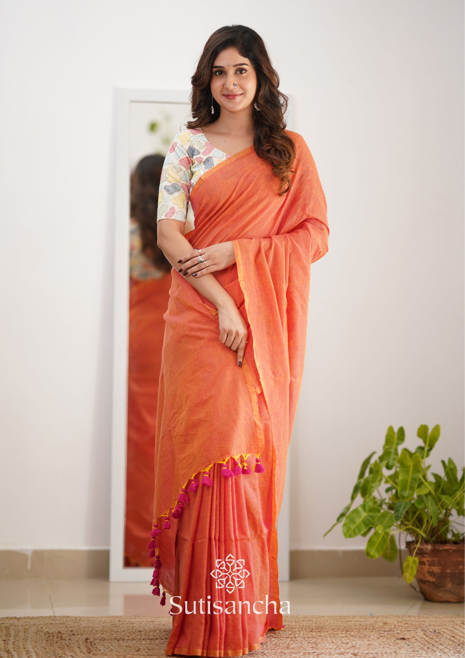 Sutisancha Peach Handloom Cotton Saree with Designer Blouse