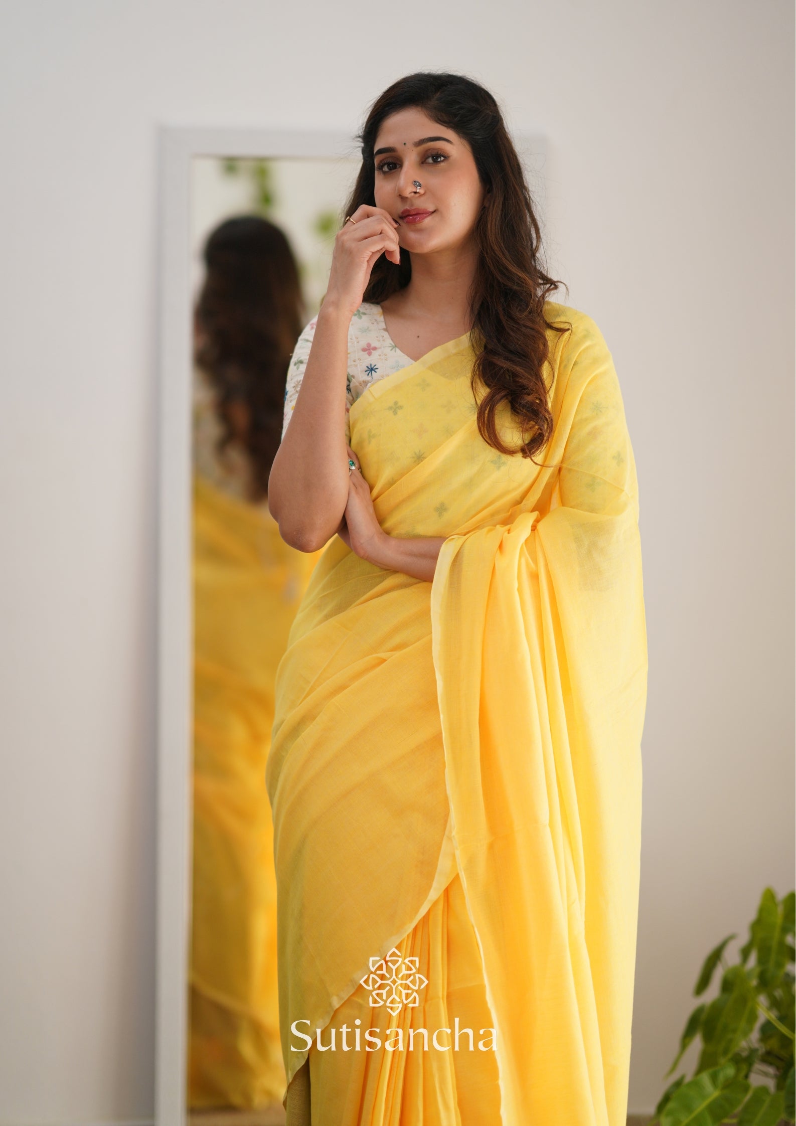 Sutisancha Yellow Handloom Cotton Saree with Designer Blouse