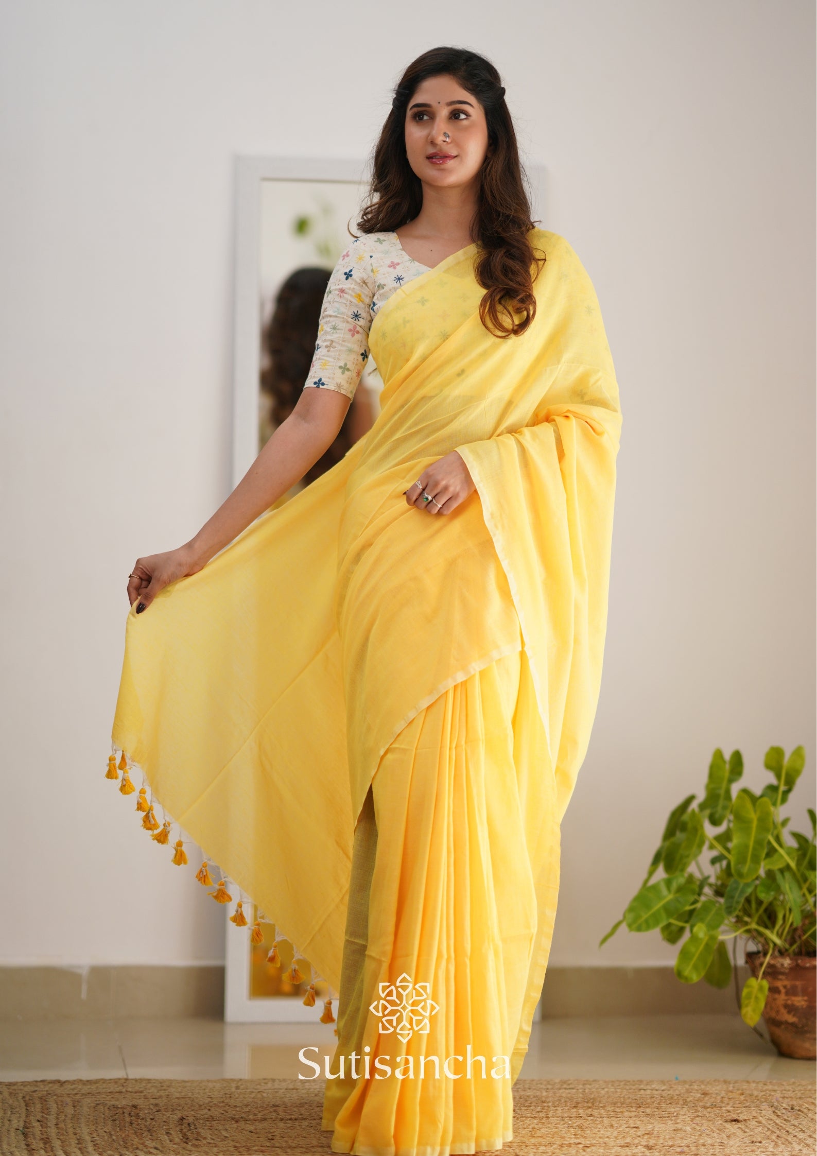 Sutisancha Yellow Handloom Cotton Saree with Designer Blouse