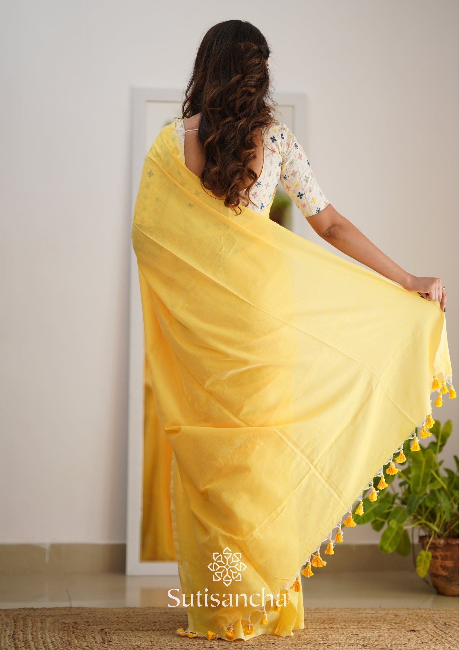 Sutisancha Yellow Handloom Cotton Saree with Designer Blouse