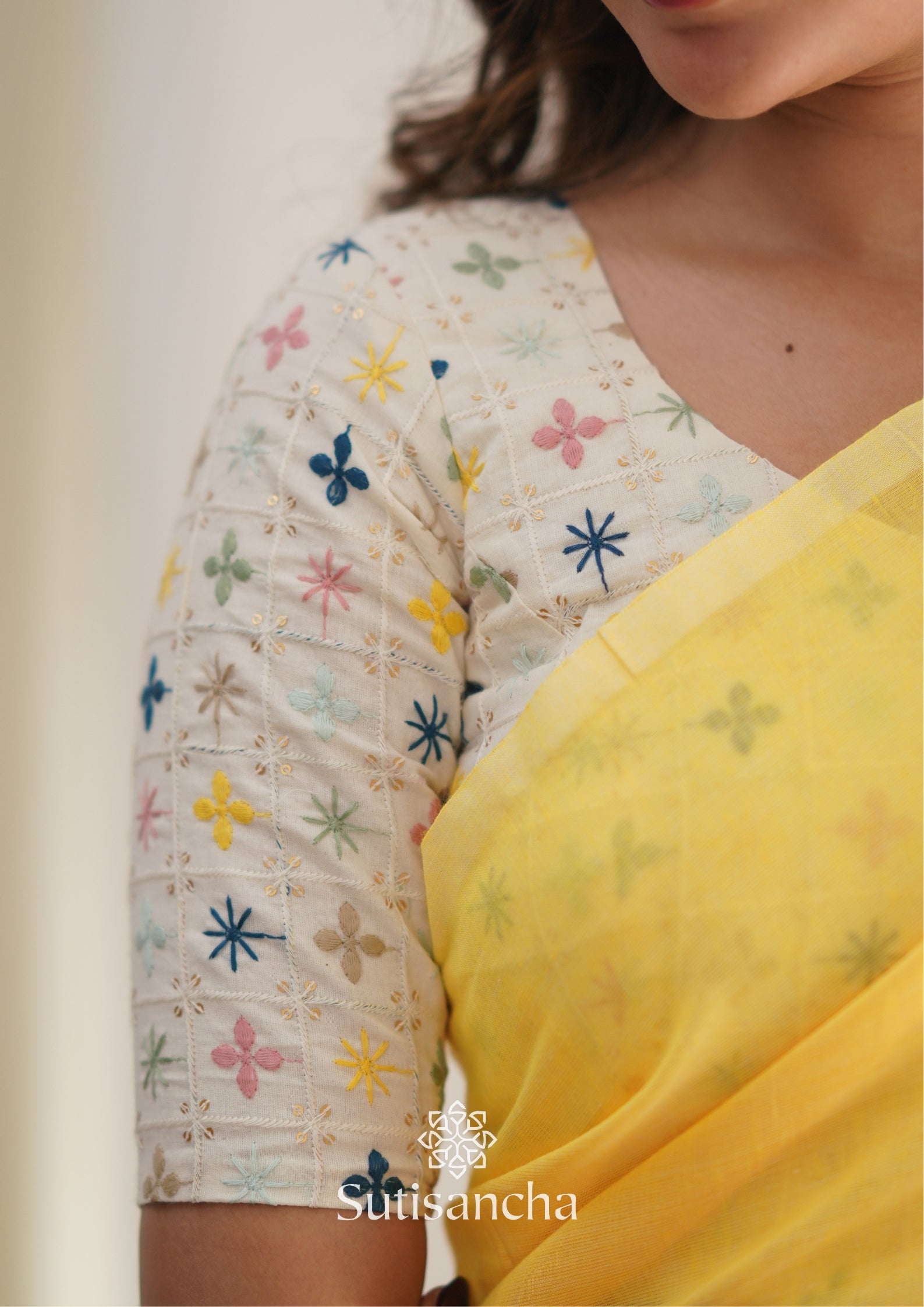 Sutisancha Yellow Handloom Cotton Saree with Designer Blouse