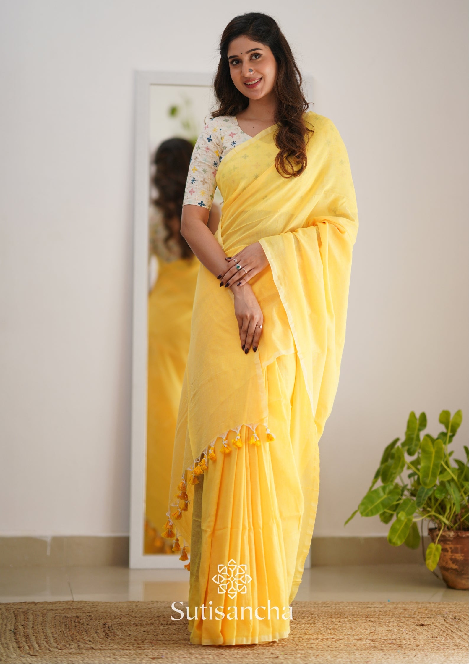 Sutisancha Yellow Handloom Cotton Saree with Designer Blouse