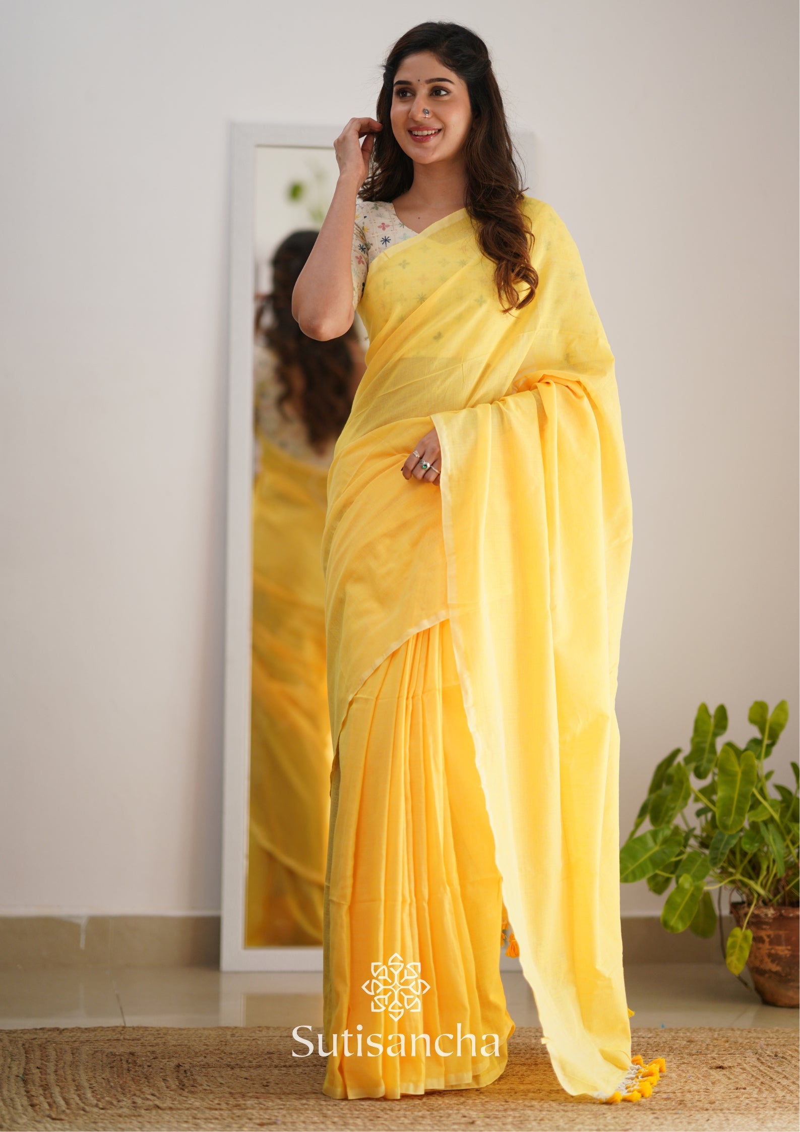 Sutisancha Yellow Handloom Cotton Saree with Designer Blouse