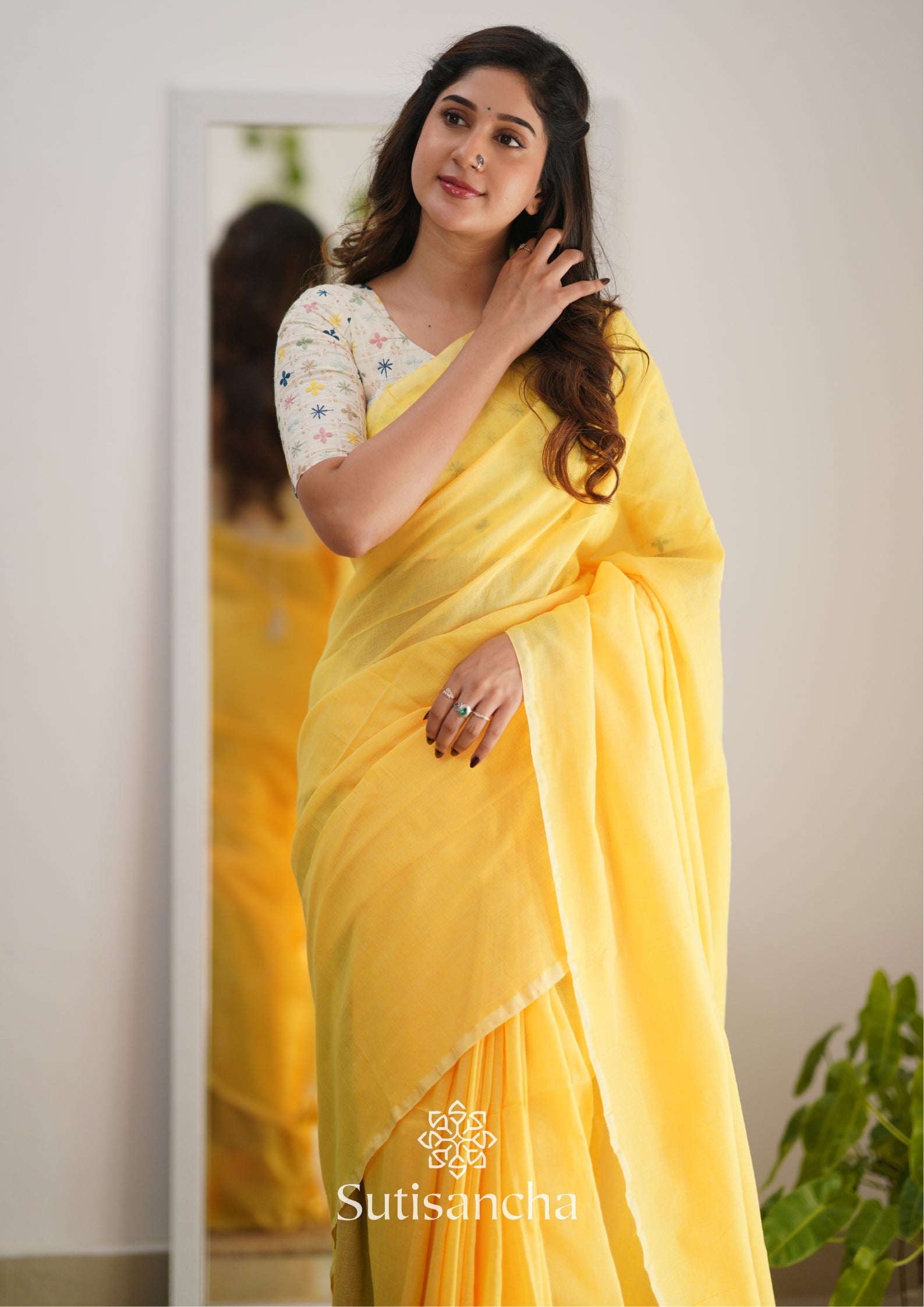 Sutisancha Yellow Handloom Cotton Saree with Designer Blouse