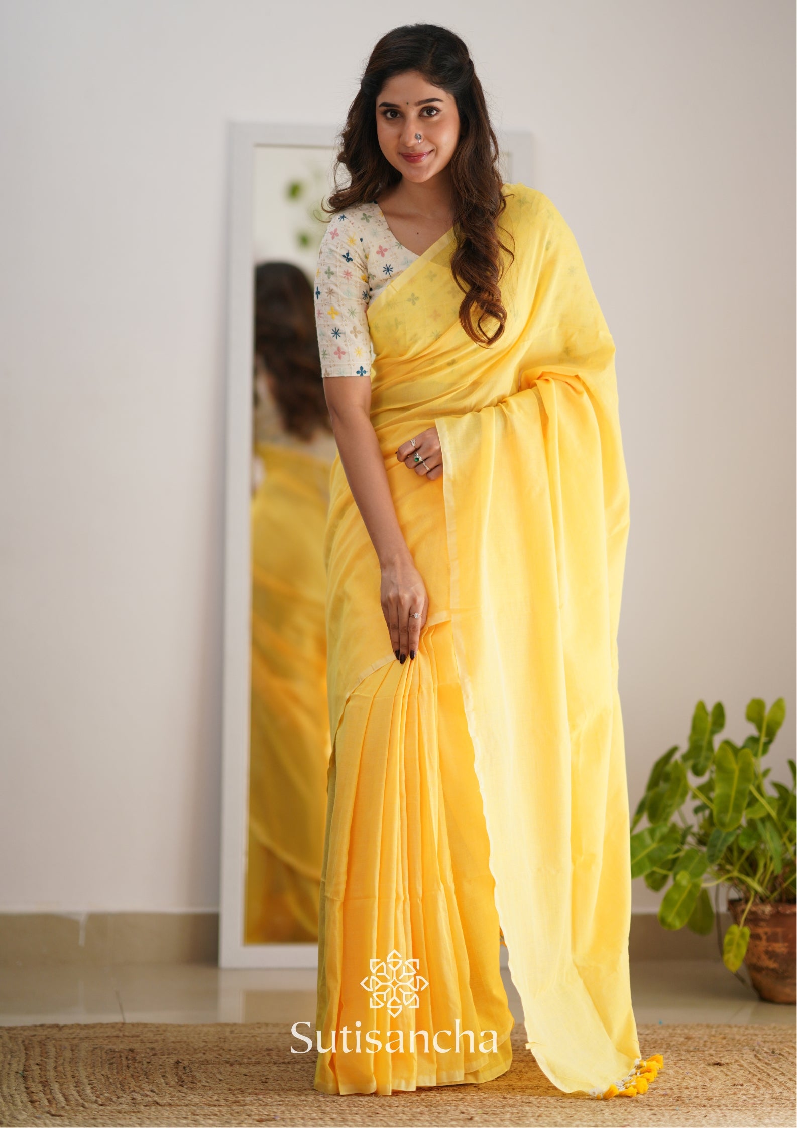 Sutisancha Yellow Handloom Cotton Saree with Designer Blouse