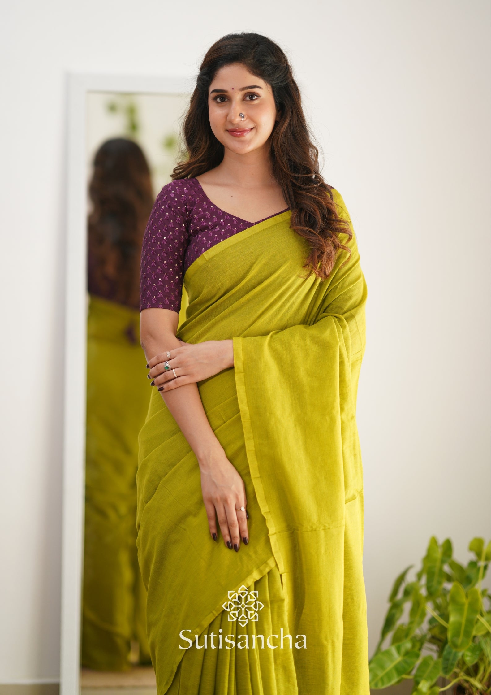 Sutisancha Lime colour Handloom Cotton Saree with Designer Blouse