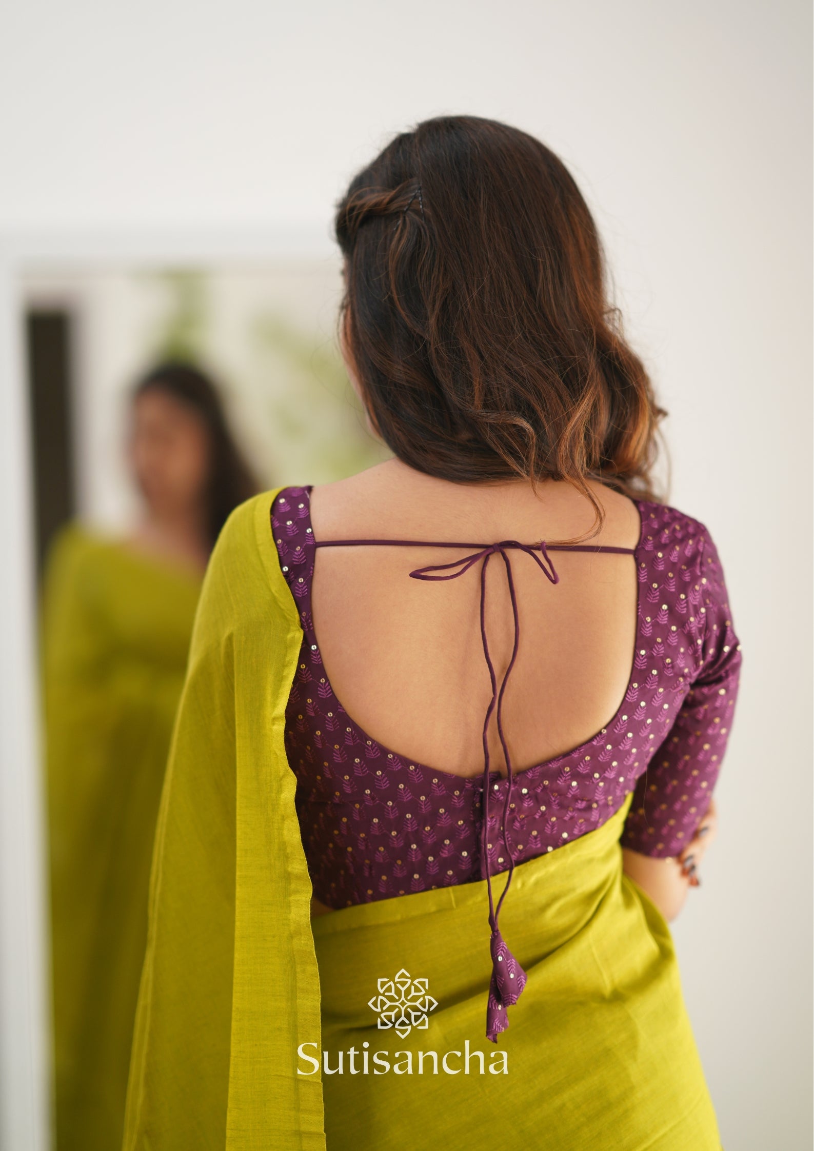 Sutisancha Lime colour Handloom Cotton Saree with Designer Blouse